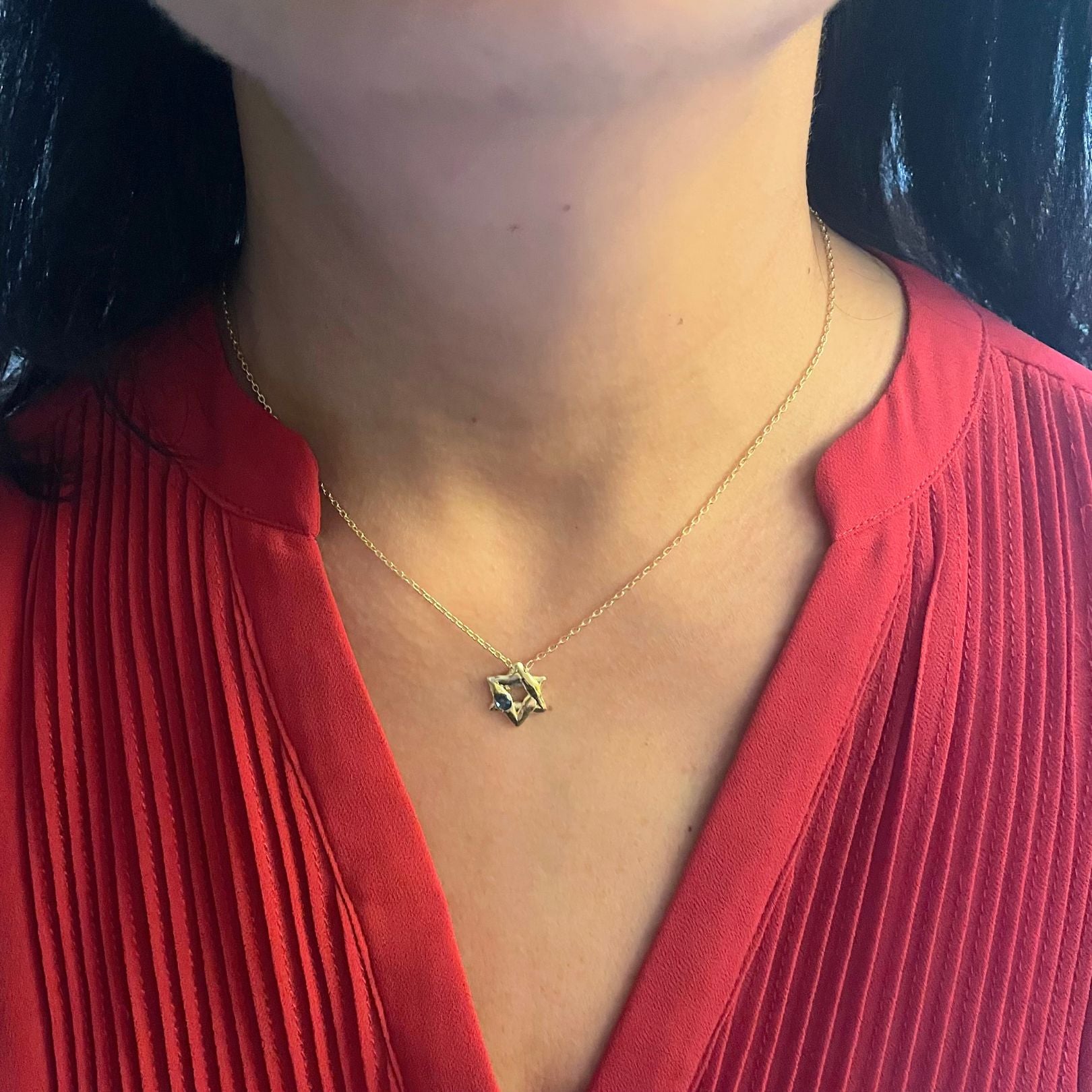 18k Gold Vermeil Star of David Necklace with London Blue Topaz by Amy Delson shown on model