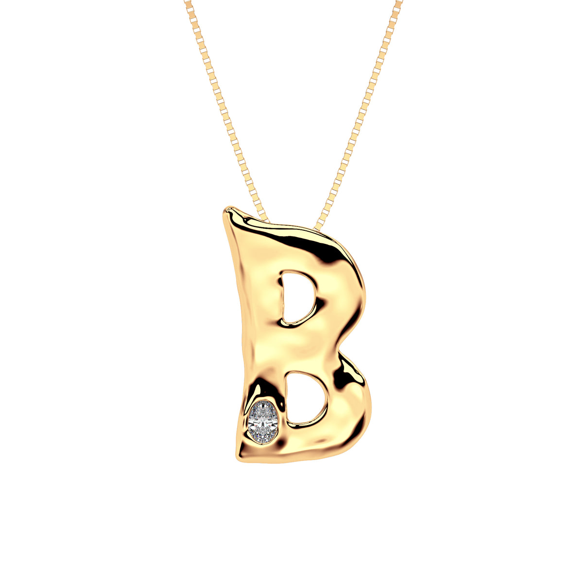 Letter B Necklace in 14K Yellow Gold with Oval Lab Diamond