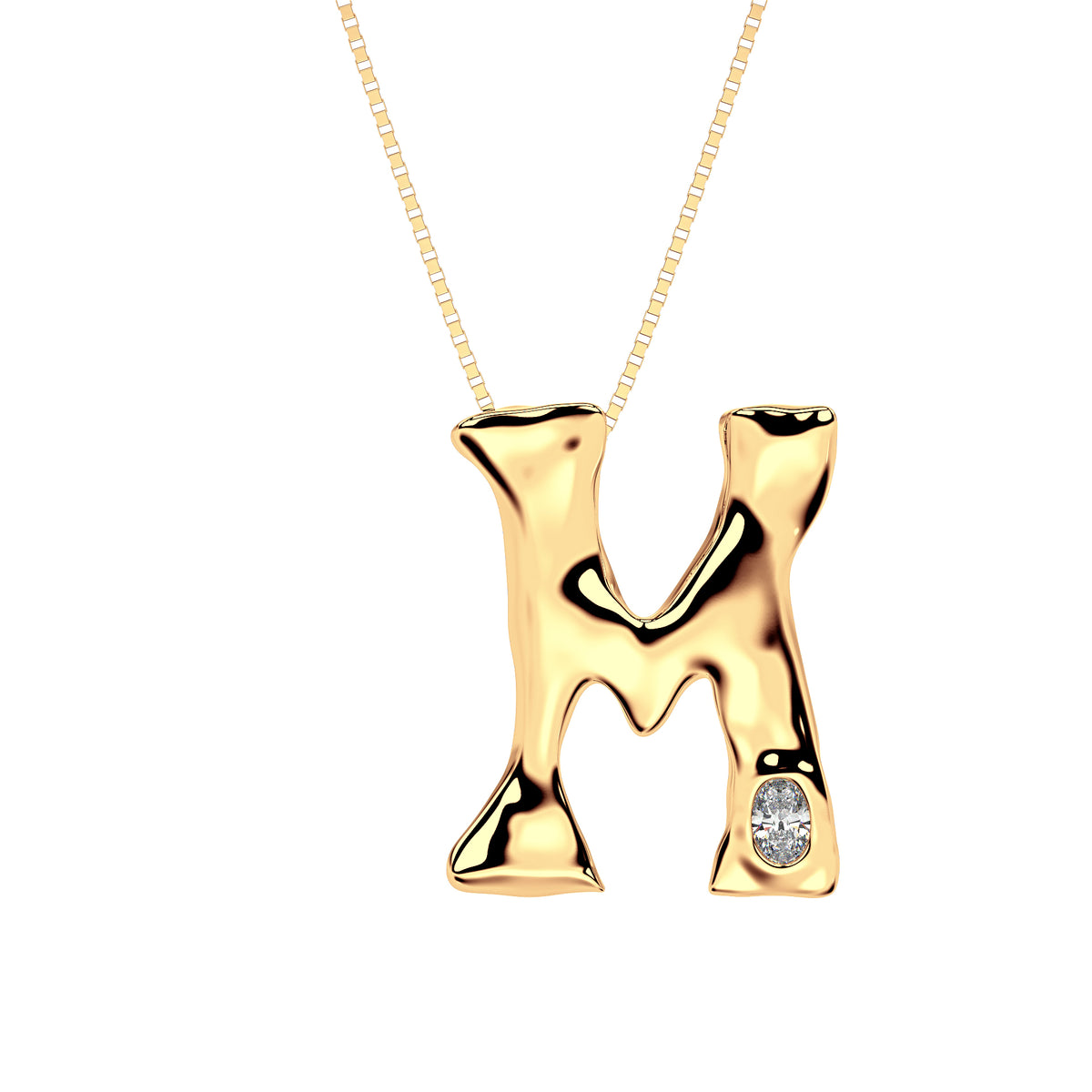 Letter M Necklace in 14K Yellow Gold with Oval Lab Diamond