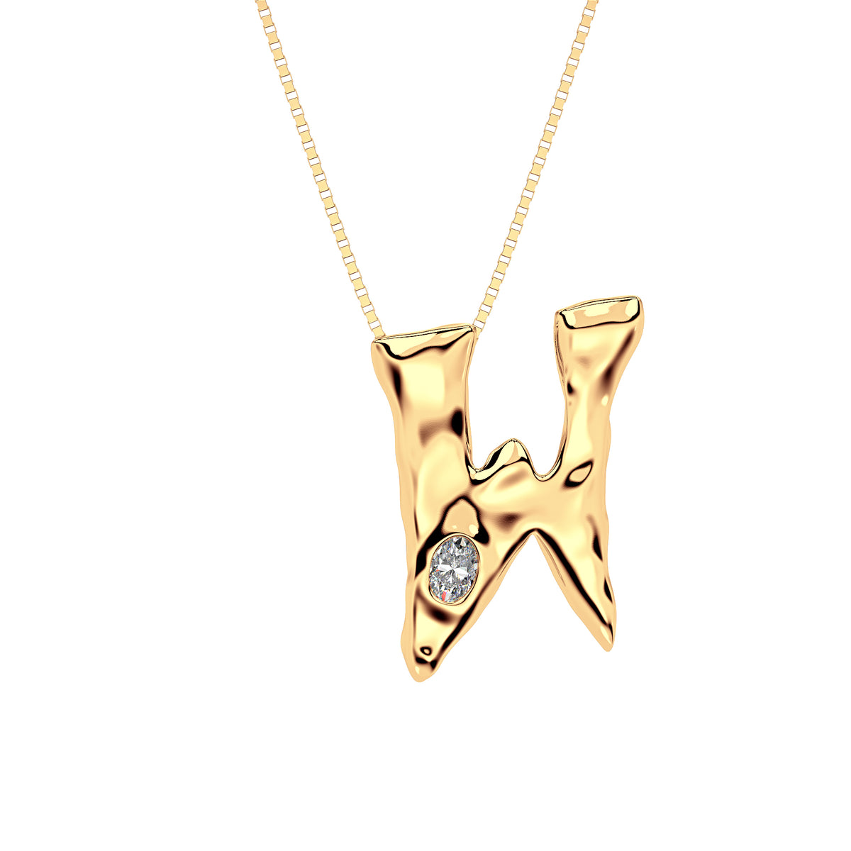 Letter W Necklace in 14K Yellow Gold with Oval Lab Diamond