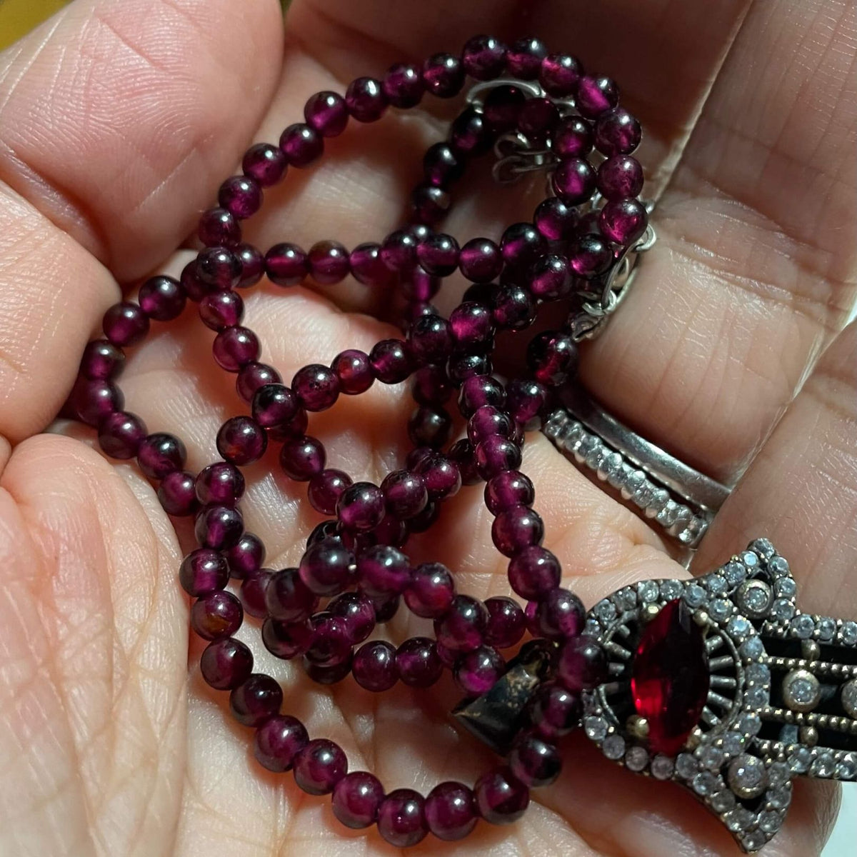 Amy Delson Red Garnet Necklace in a hand