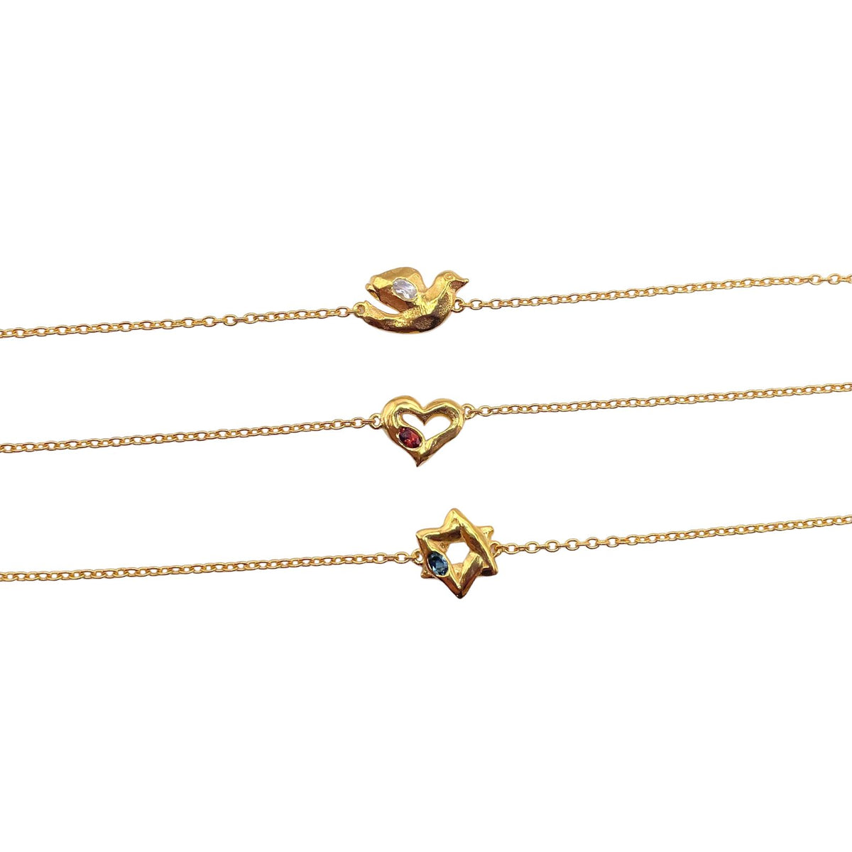 Gold dove heart star gemstone bracelets by Amy Delson