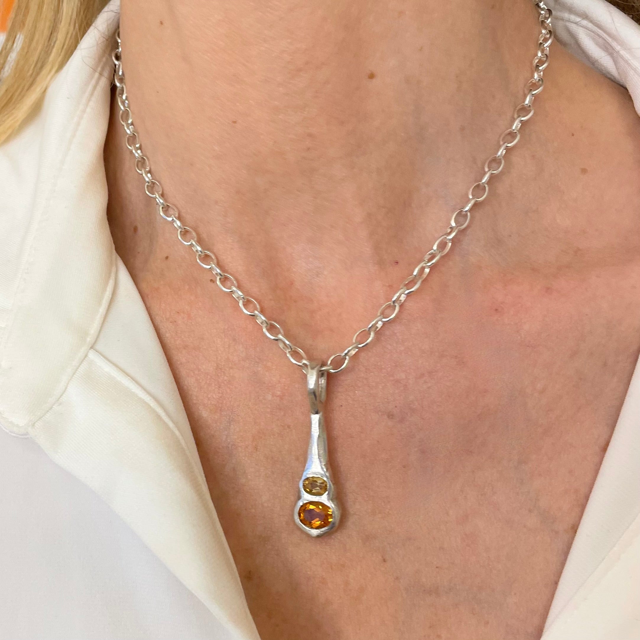 Model wearing Amy Delson Citrine silver necklace