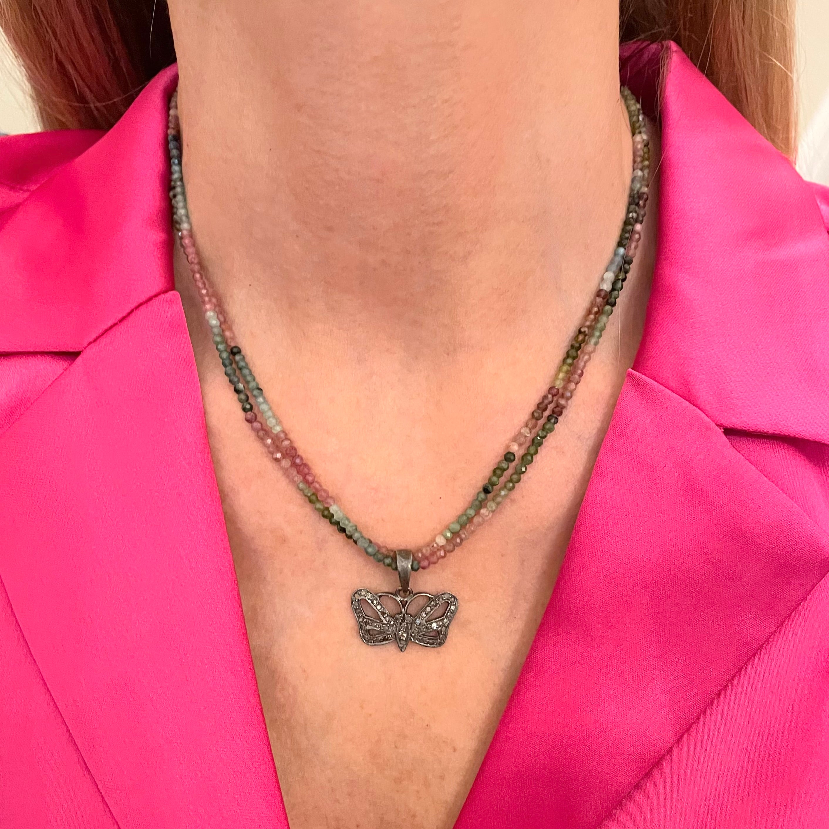 Watermelon tourmaline diamond butterfly necklace by Amy Delson