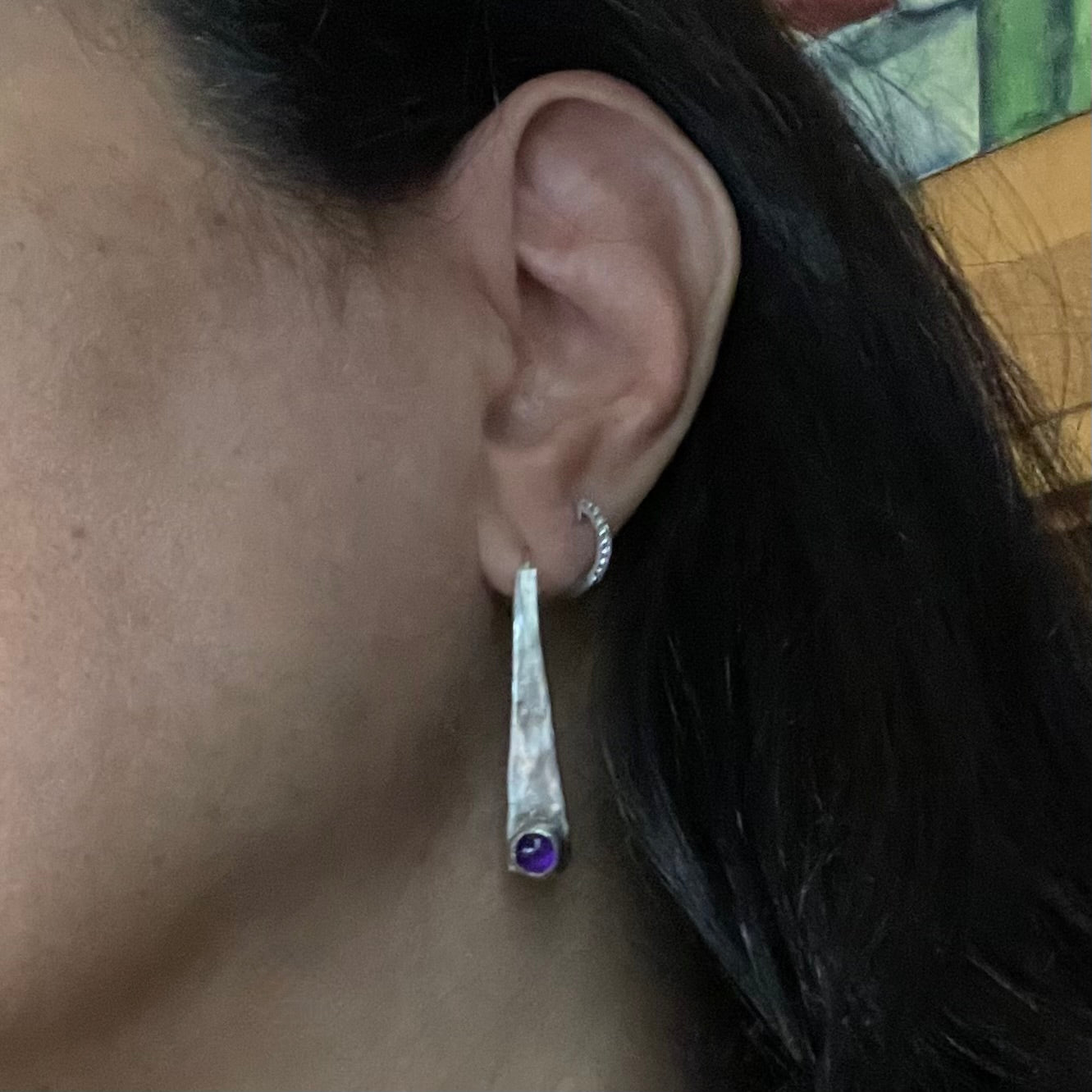 Amethyst silver wedge earring by Amy Delson shown on ear