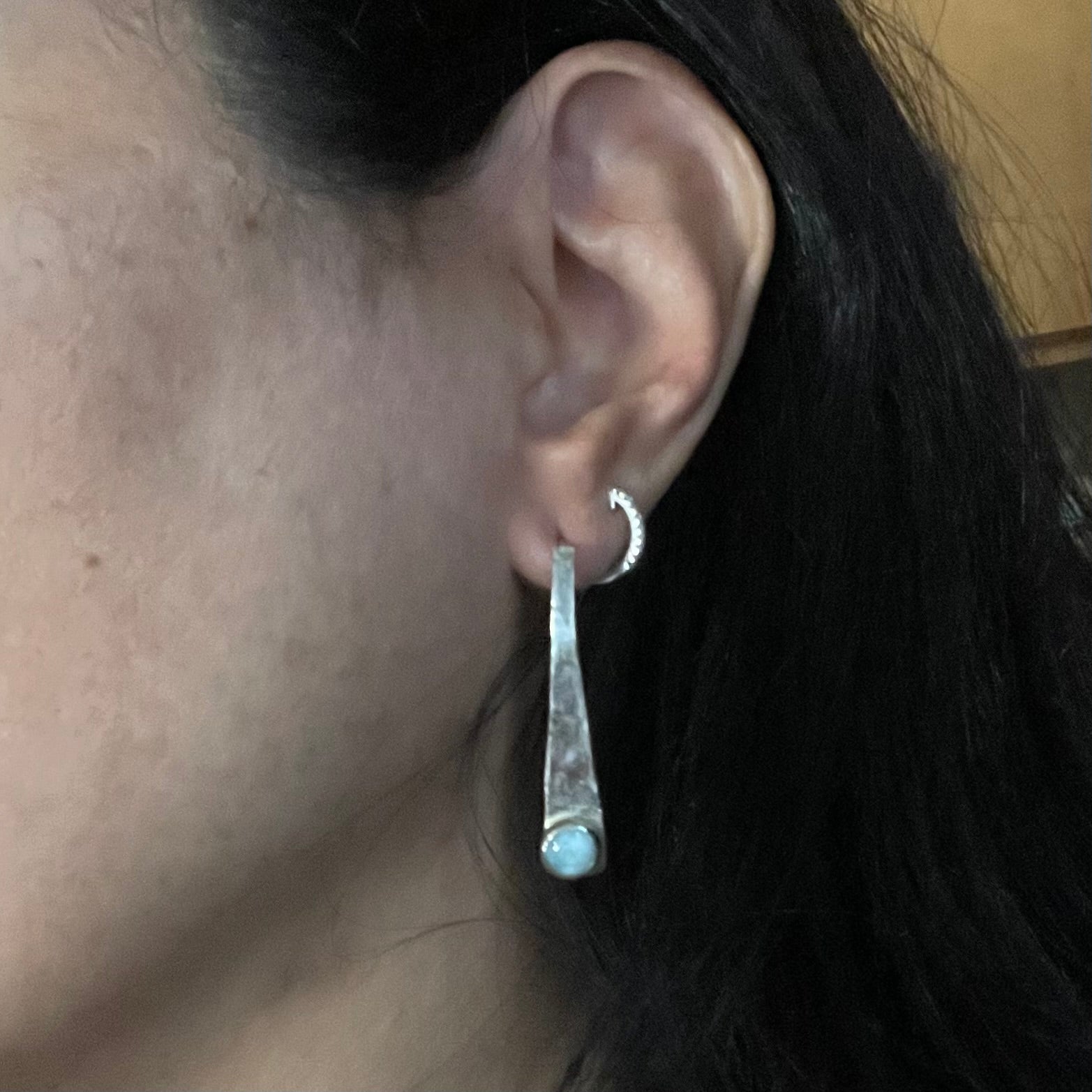 Amy Delson wears her Larimar Silver Wedge Earrings