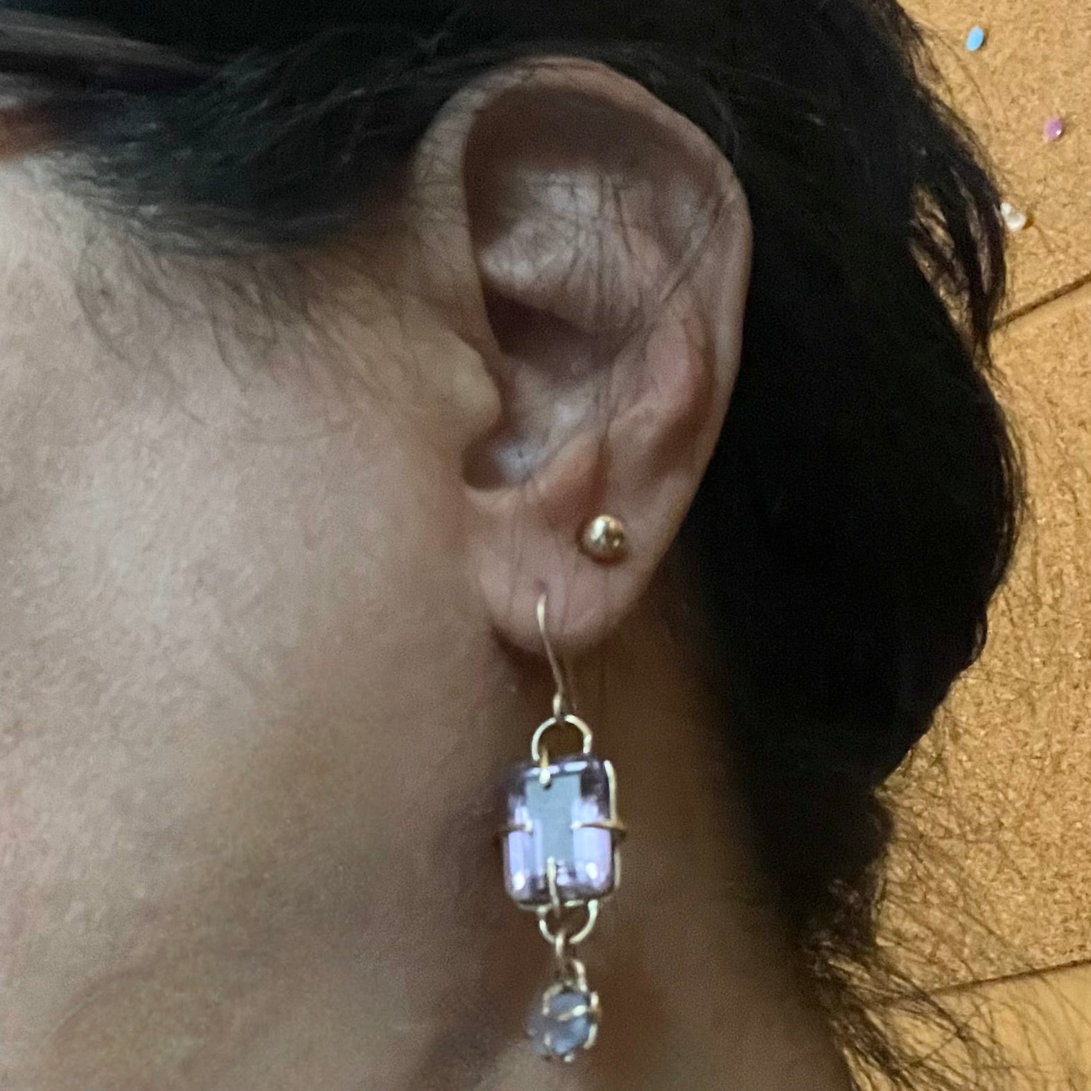 Amethyst 14k Gold Blue Chalcedony Handmade Earring by Amy Delson shown on the ear