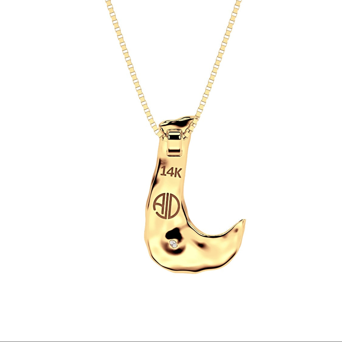 back view of 14k gold letter J necklace with lab diamond by Amy Delson