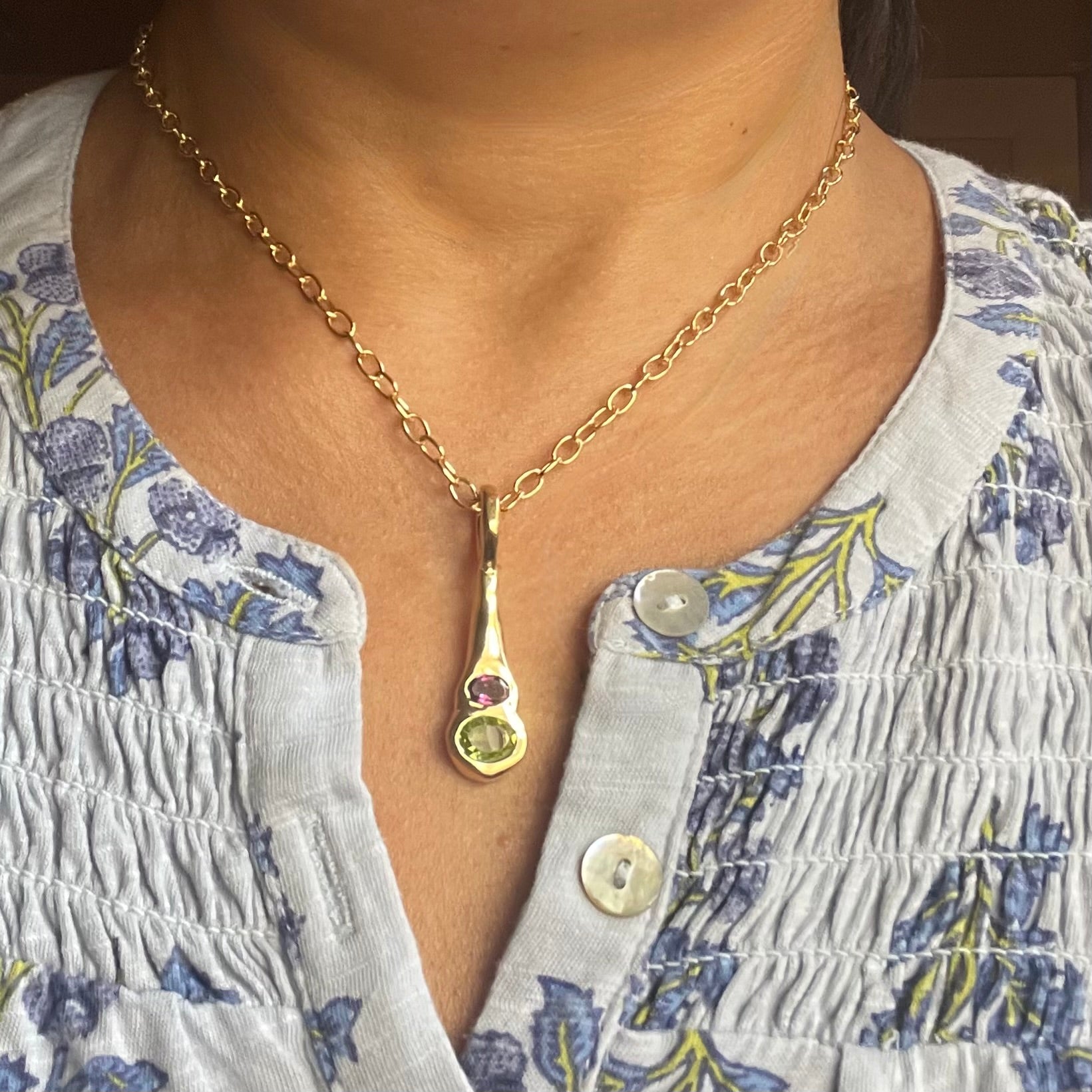 Olivia - Green Peridot, Pink Rhodolite Garnet Two Gemstone Pendant Necklace in Gold