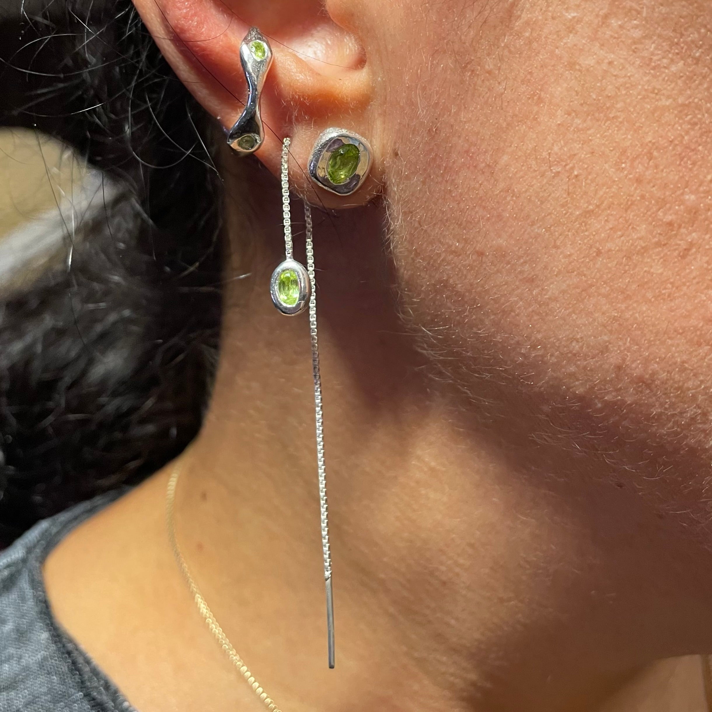 Amy Delson Ear Cuff, Threader Earring and Stud in Sterling Silver with Green Peridot