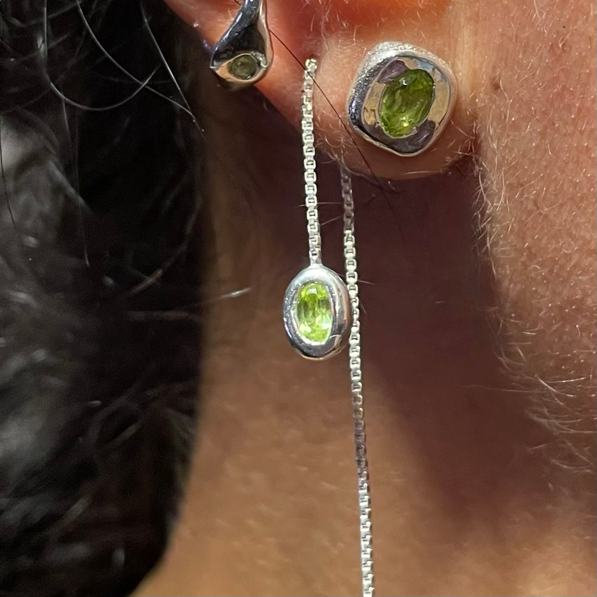 Amy Delson Peridot silver threader earring wiht stud and ear cuff