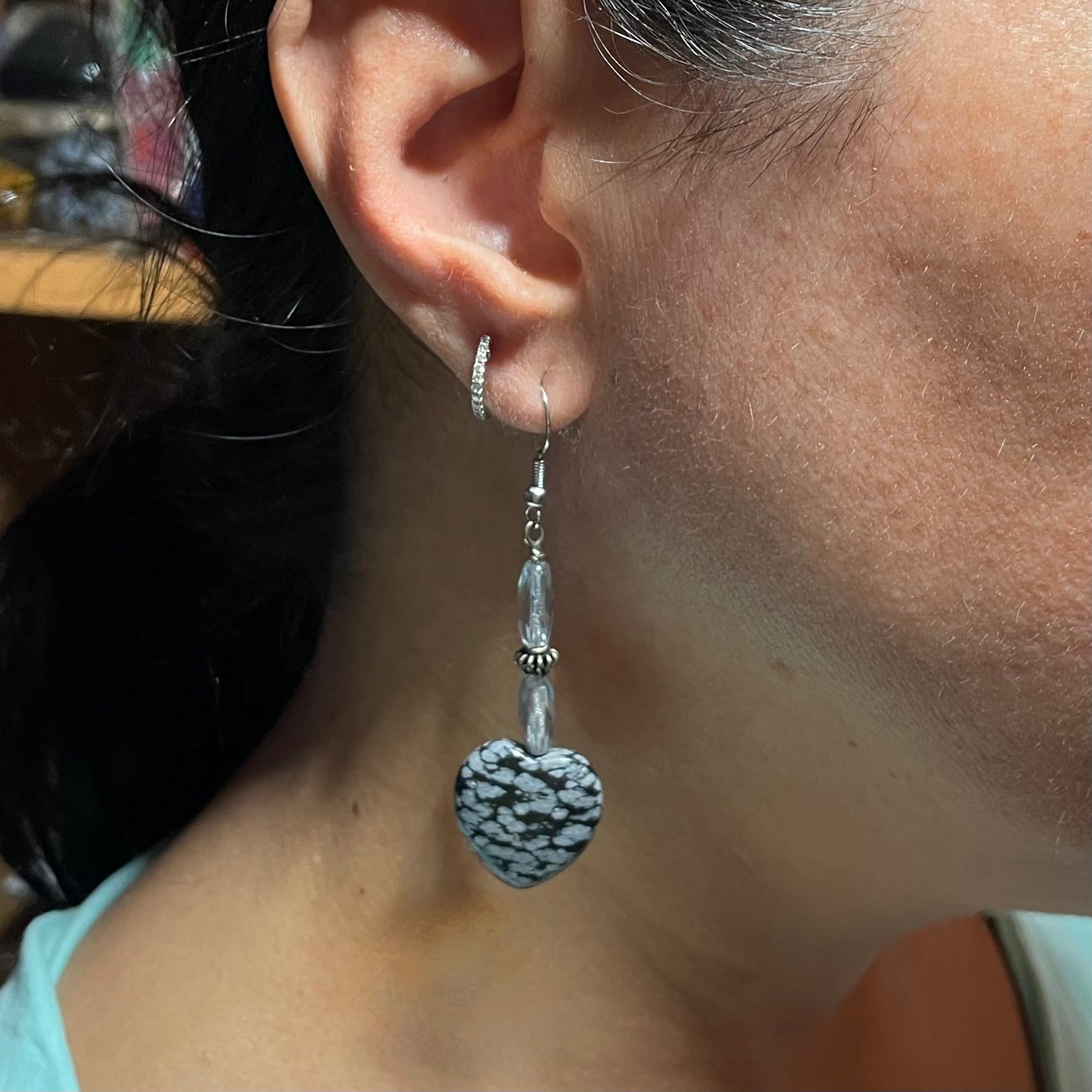 Snowflake obsidian heart earrings by Amy Delson