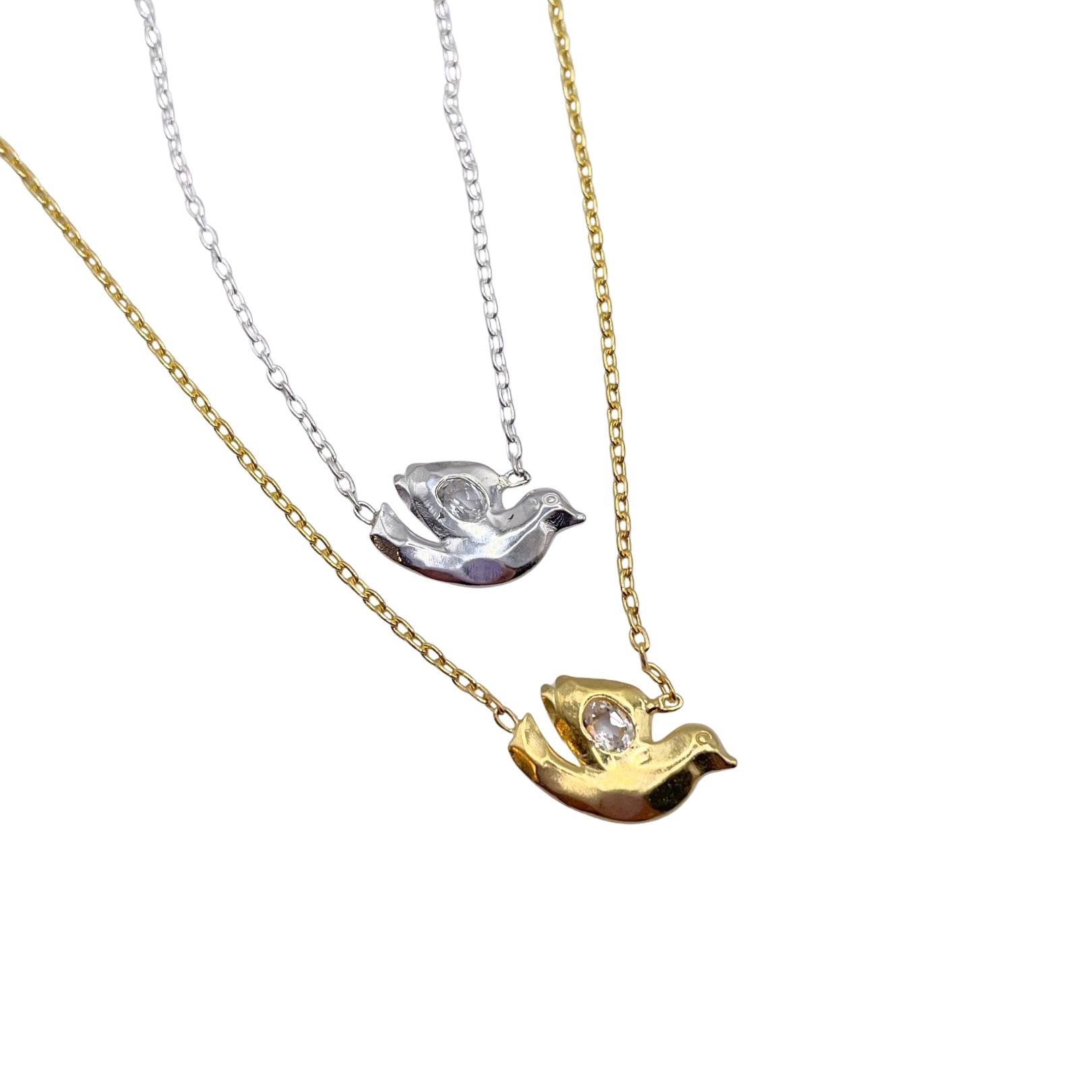 Sterling Silver and 18k Gold Vermeil Dove necklaces with White Topaz by Amy Delson