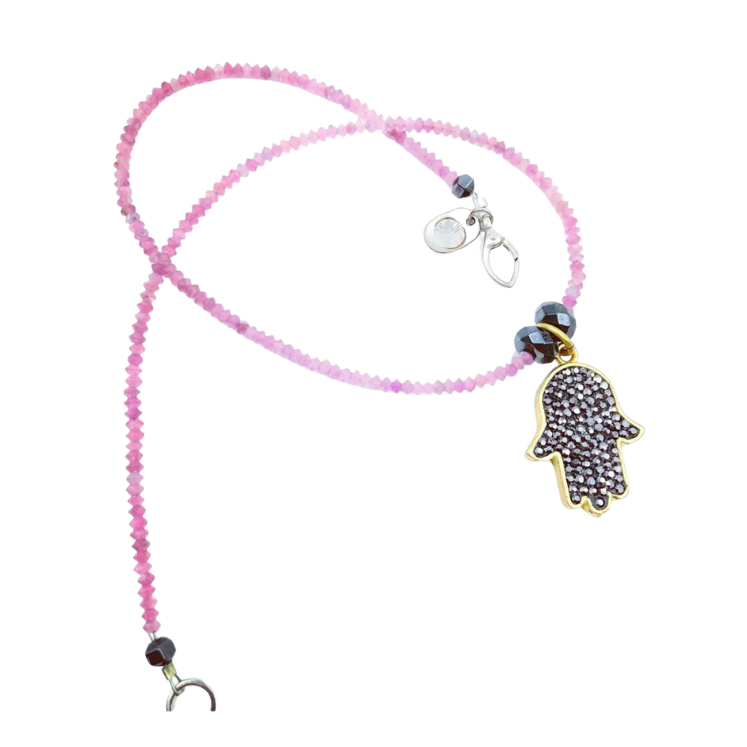 Sylvie - Silver Crystal Hamsa Pink Tourmaline Necklace