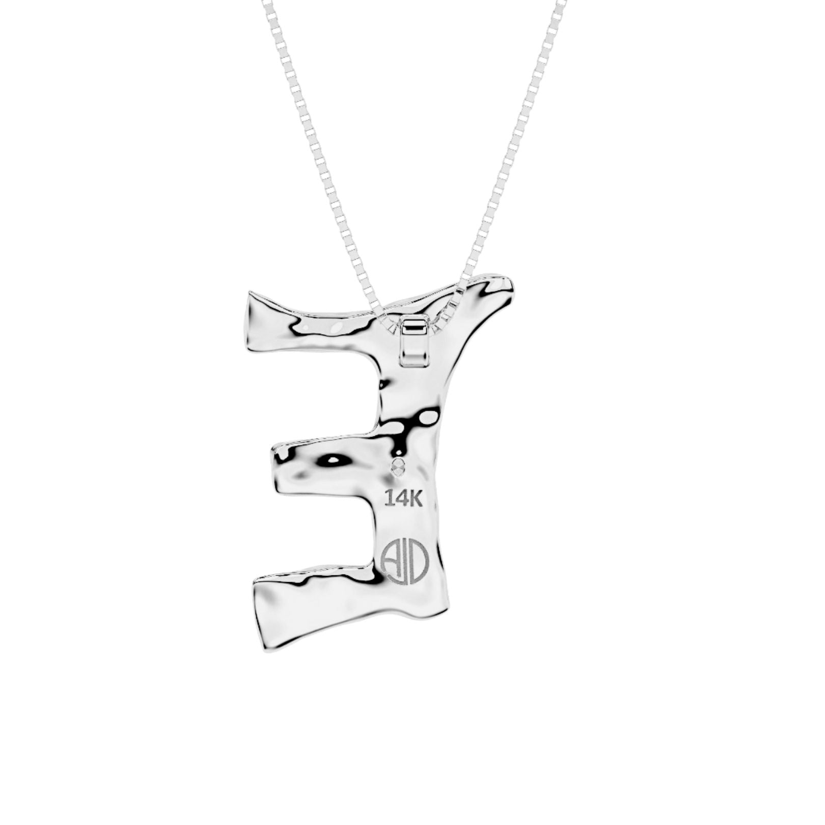Back of white gold with lab diamond letter E necklace by Amy Delson