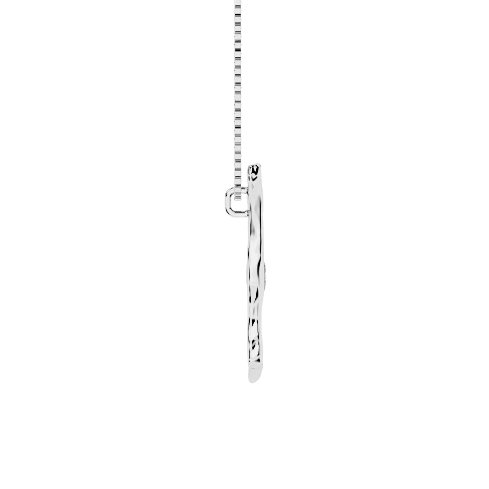 Side view of white gold with lab diamond letter E necklace by Amy Delson