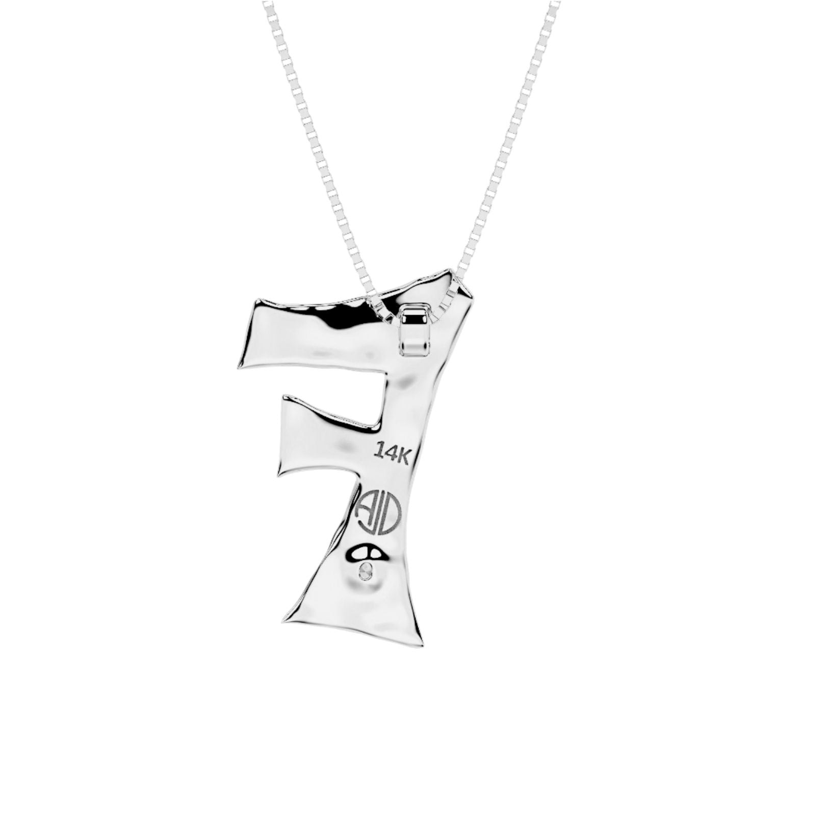 back of white gold with lab diamond letter F necklace by Amy Delson