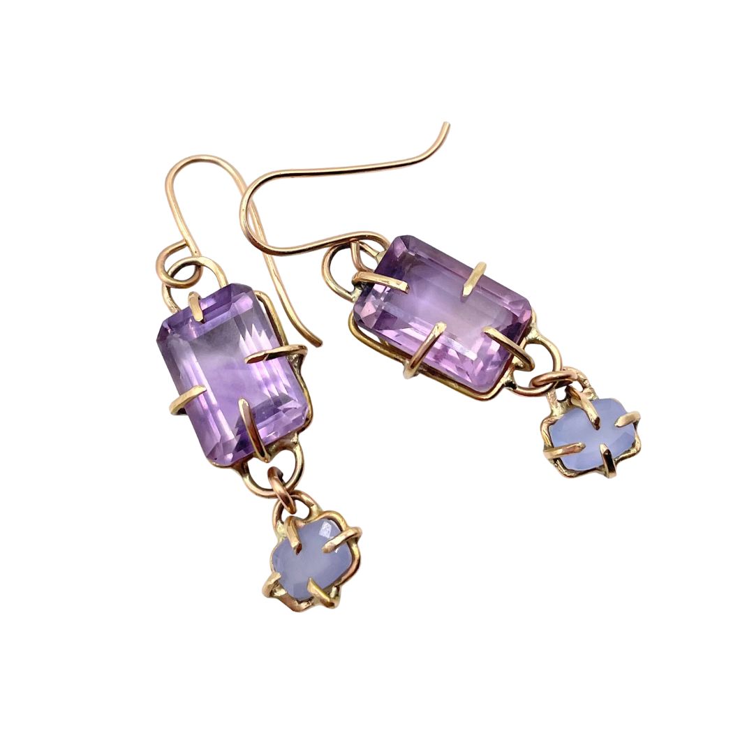 Amy Delson handmade amethyst, blue chalcedony 14k Gold earrings