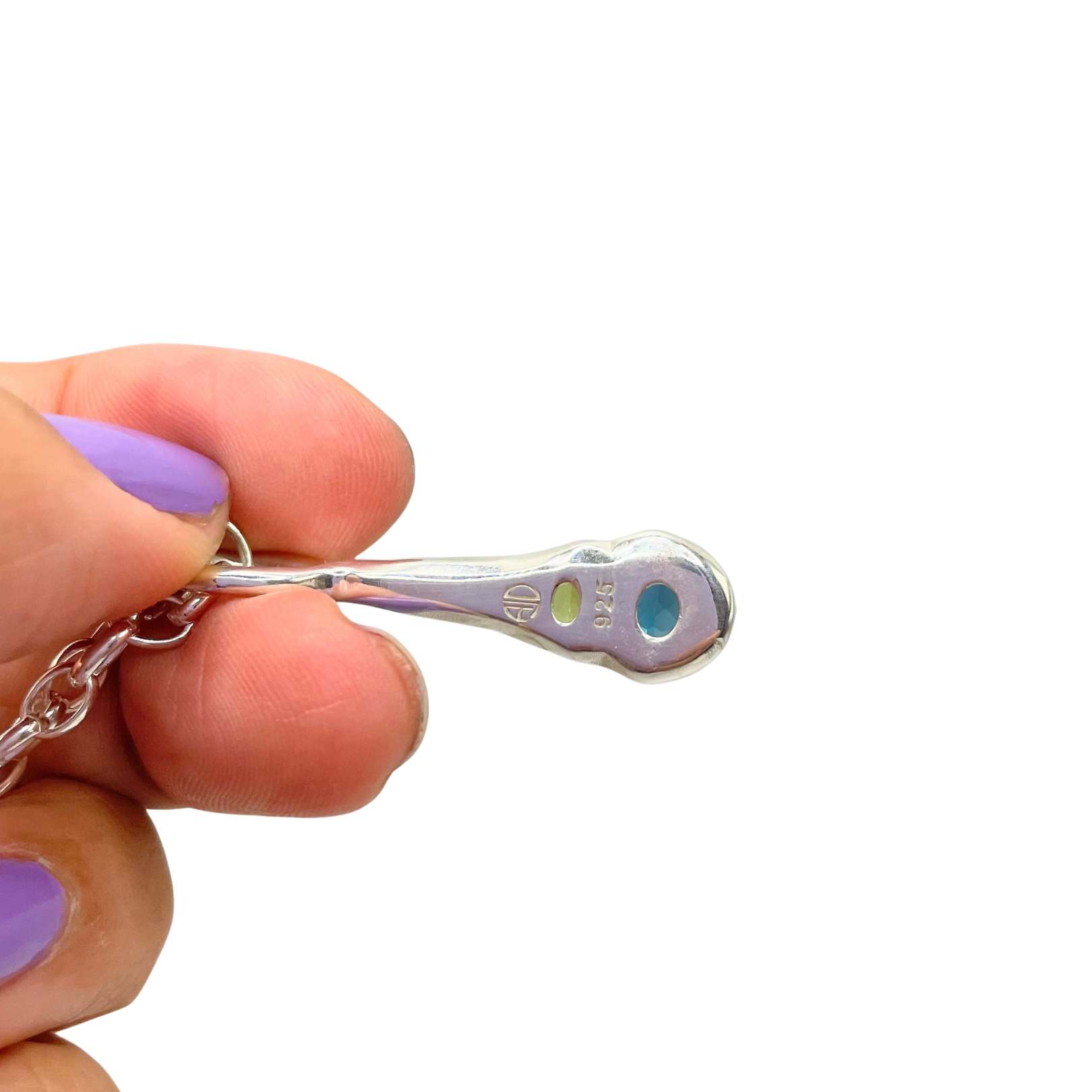 back of Olivia - Green Peridot, Blue Topaz Two Gemstone Pendant Necklace in Silver by Amy Delson