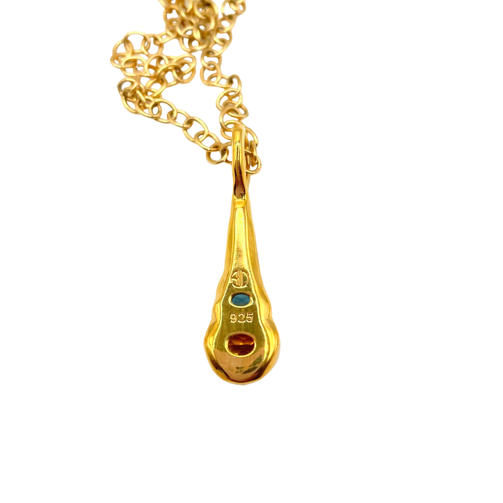 Back of Blue Topaz Orange Citrine Pendant necklace in gold by Amy Delson