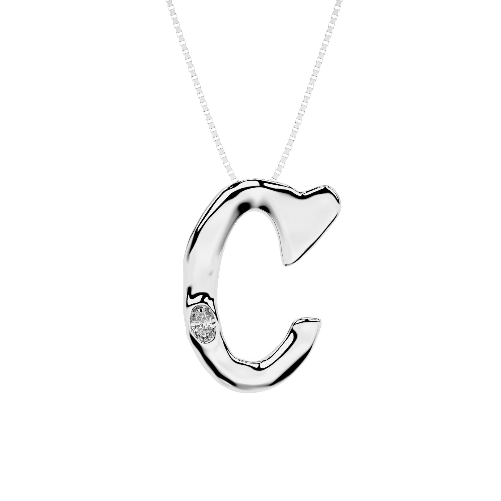 Letter C Necklace in 14K White Gold with Oval Lab Diamond