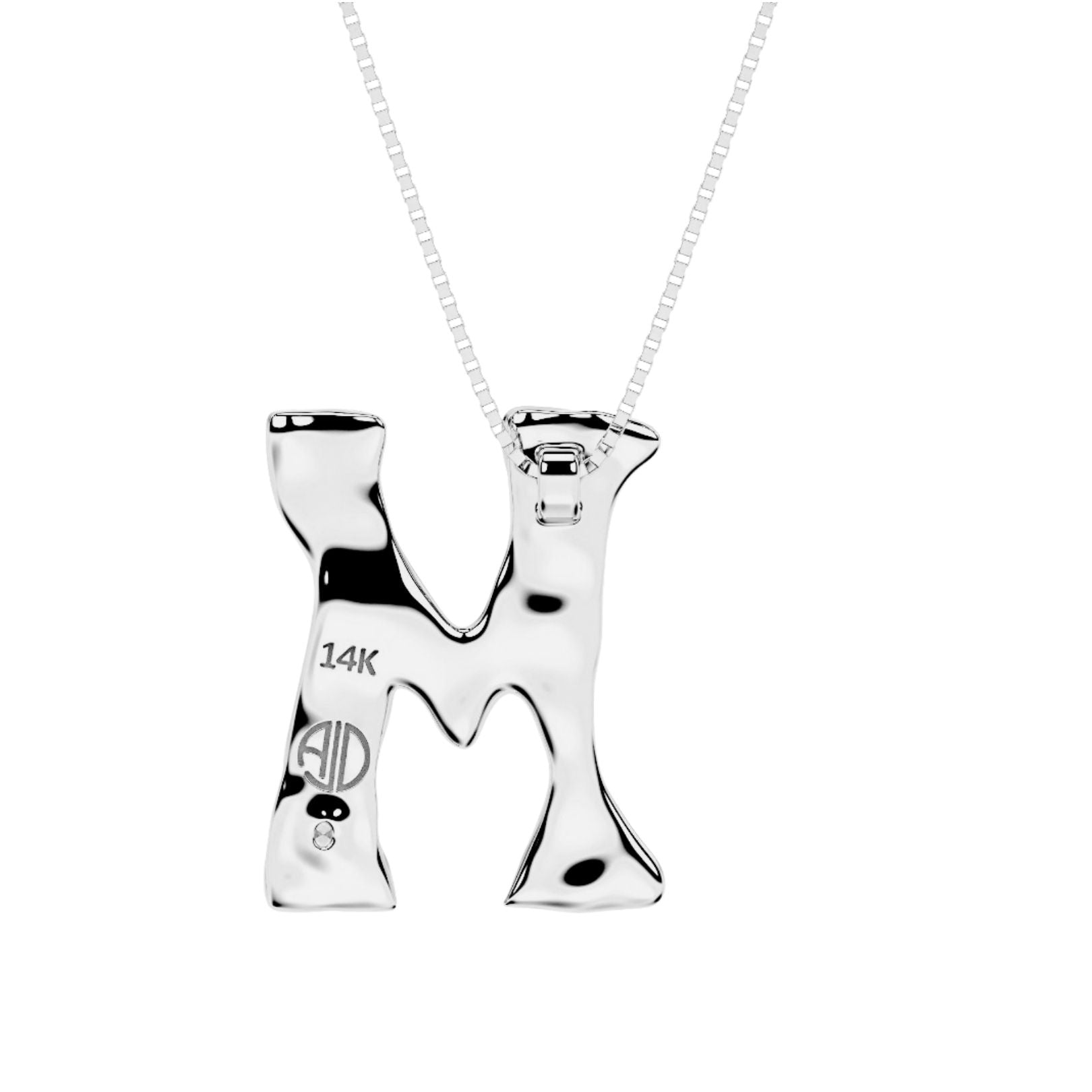 Back view of white gold with lab diamond letter M necklace by Amy Delson