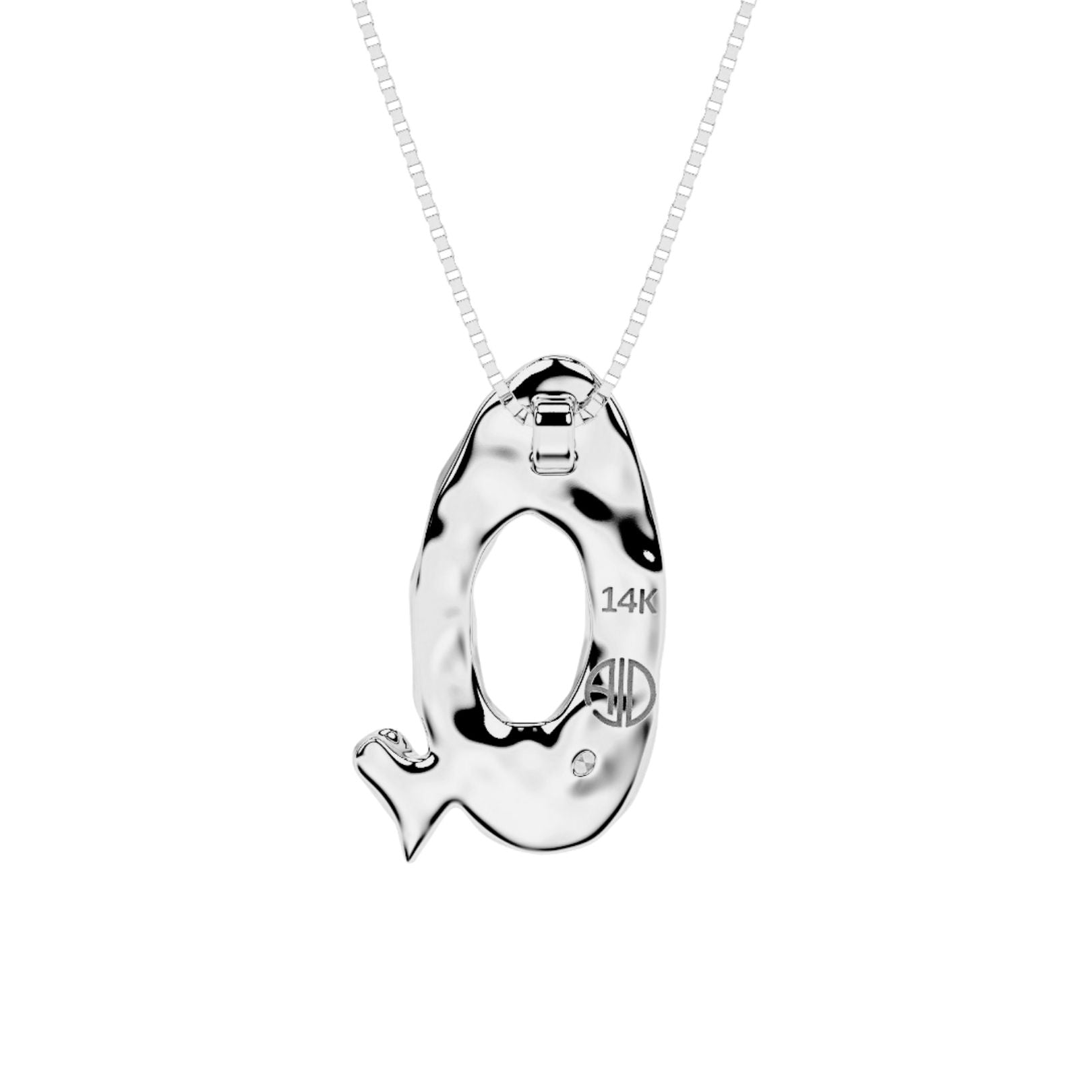 back view of white gold with lab diamond letter Q necklace by Amy Delson