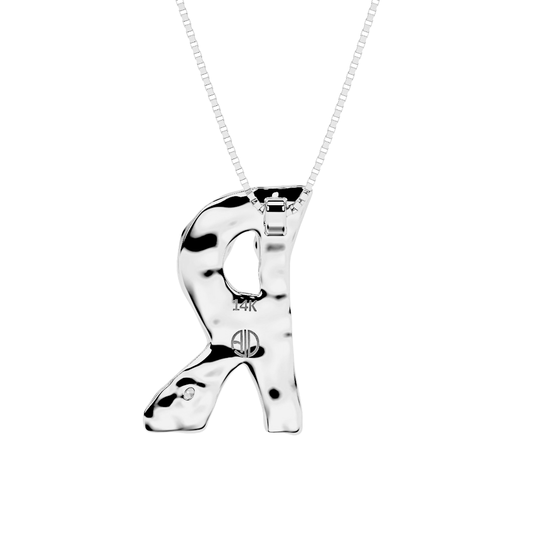 back view of white gold with lab diamond letter R necklace by Amy Delson