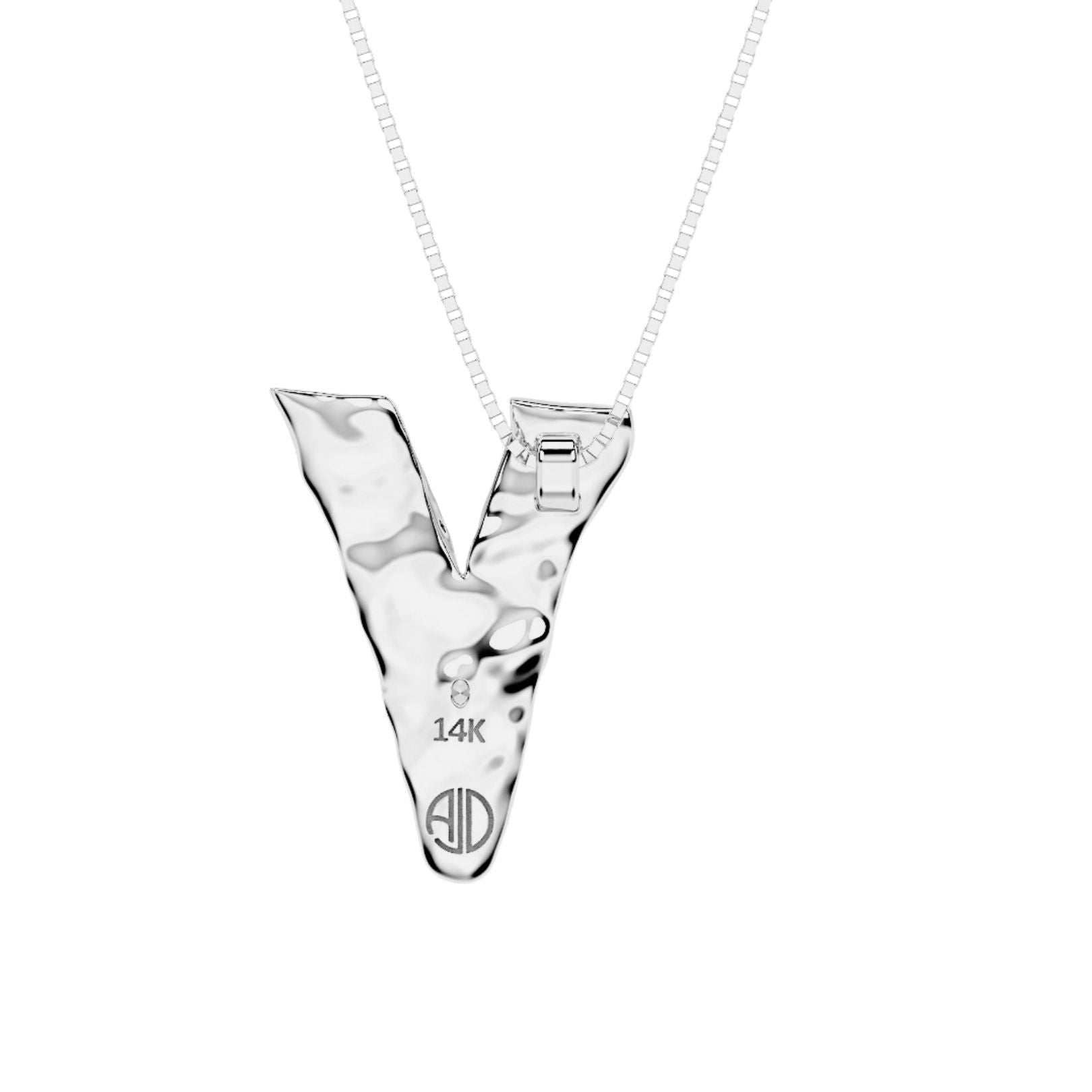 back of white gold with lab diamond V necklace by Amy Delson