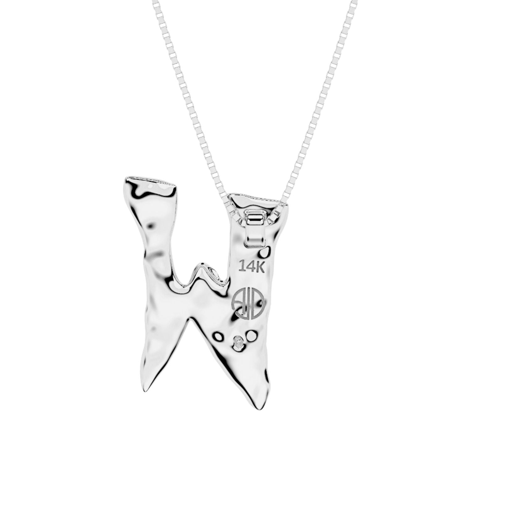 back of white gold with lab diamond letter W necklace by Amy Delson
