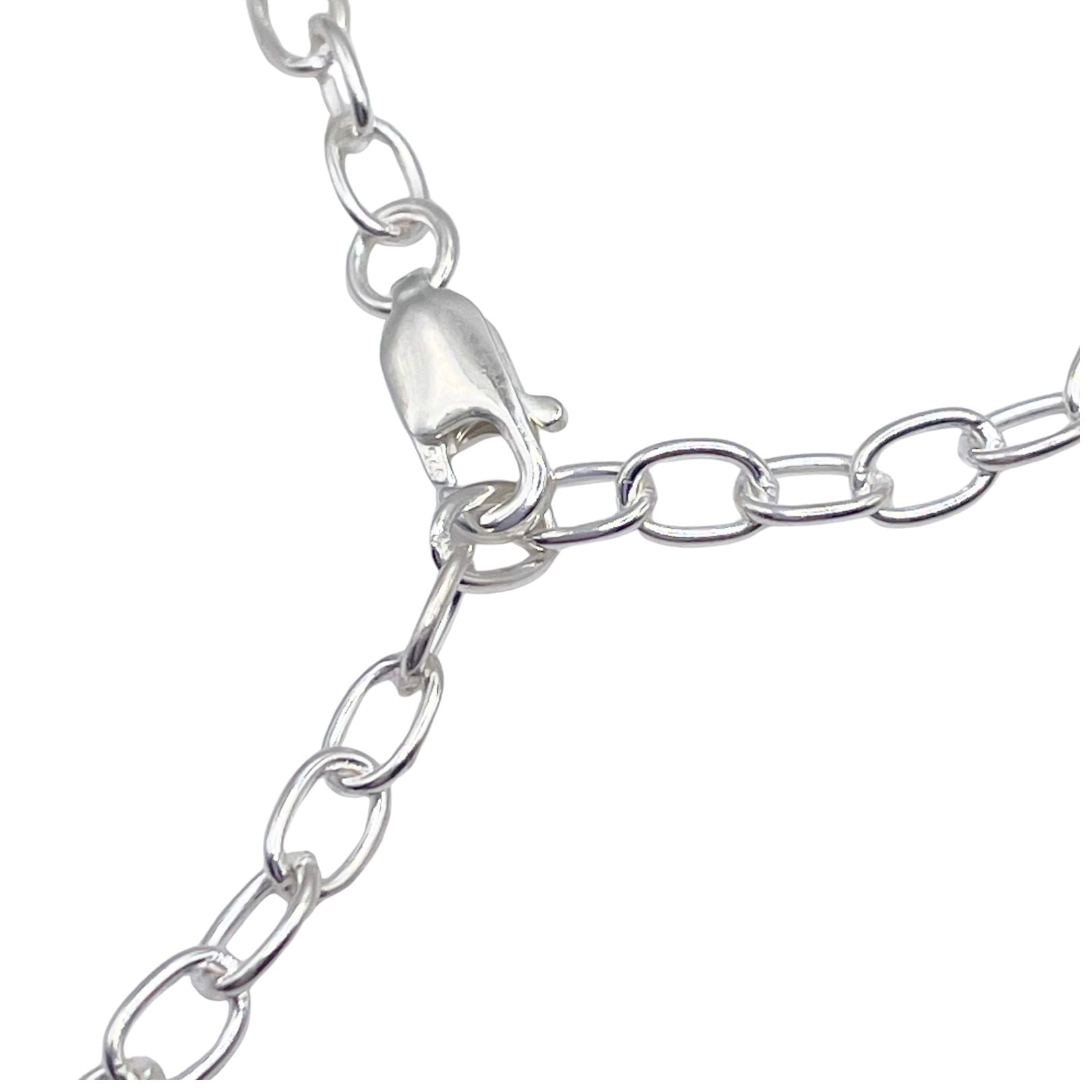 Closeup of sterling silver chain and lobster claw clasp