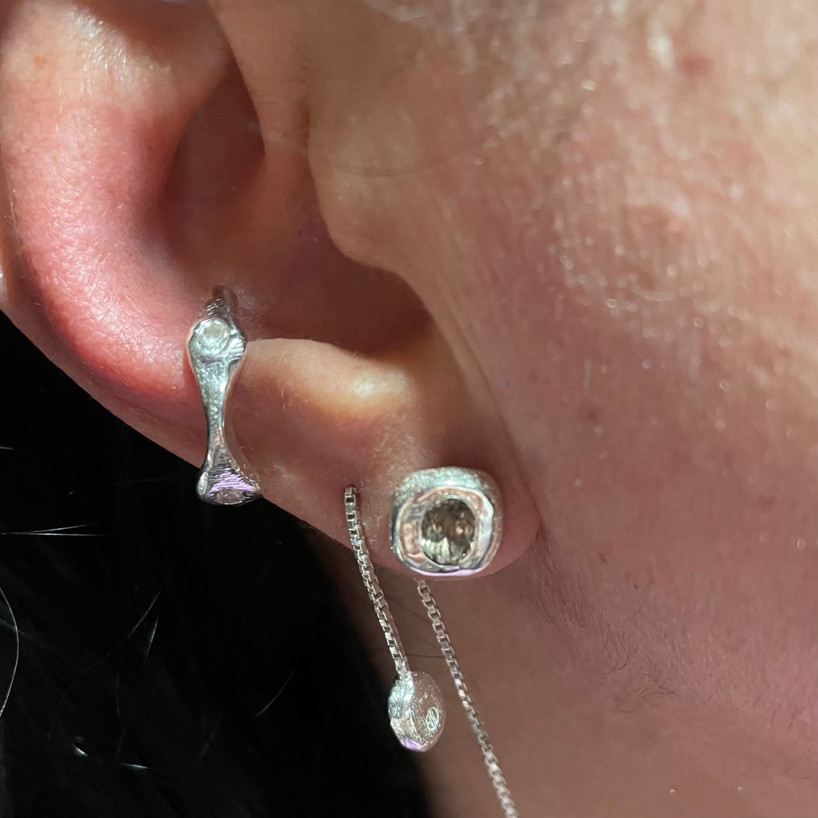 White topaz and smoky quartz sterling silver ear stack by Amy Delson