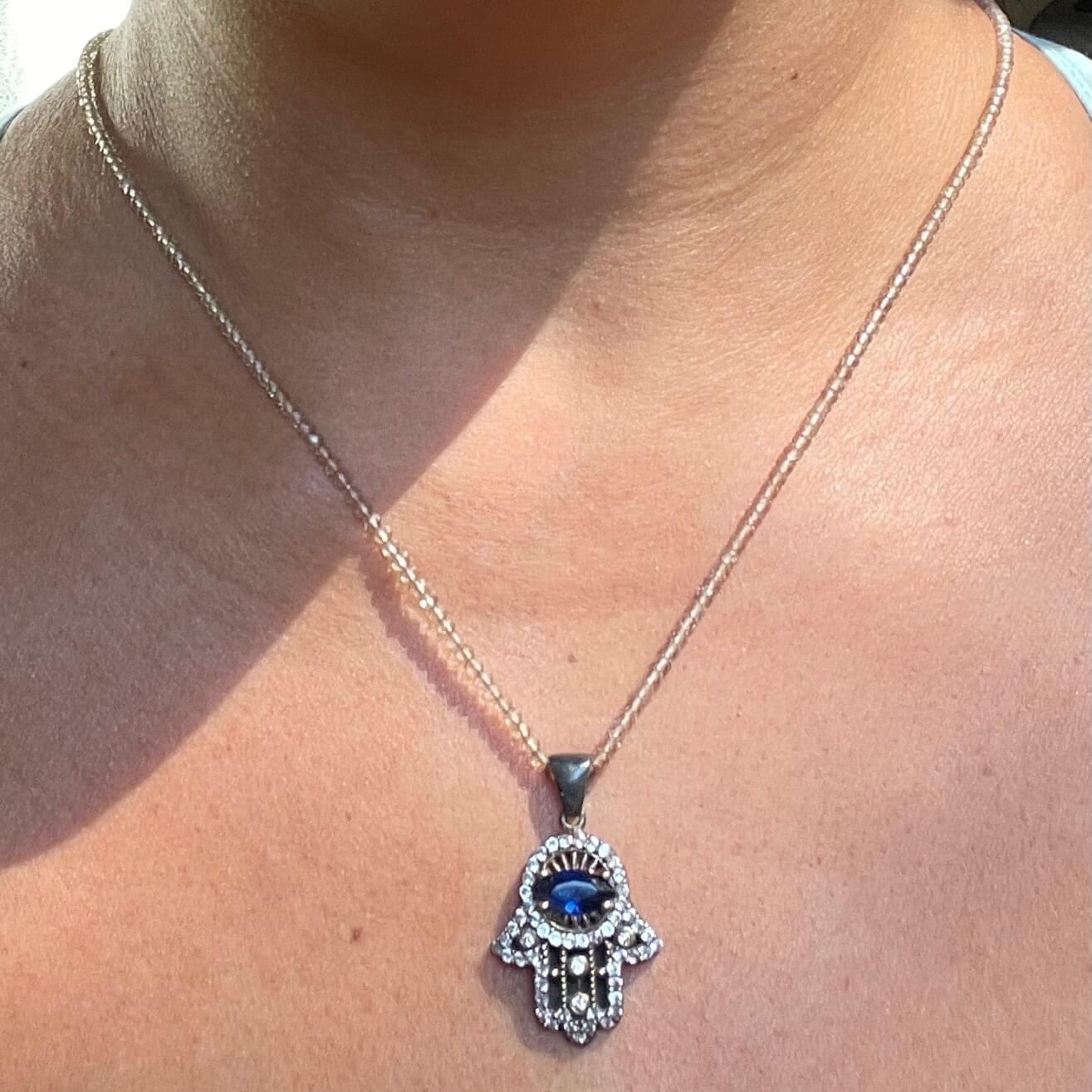 Charna - Champagne Quartz Blue CZ Hamsa Necklace