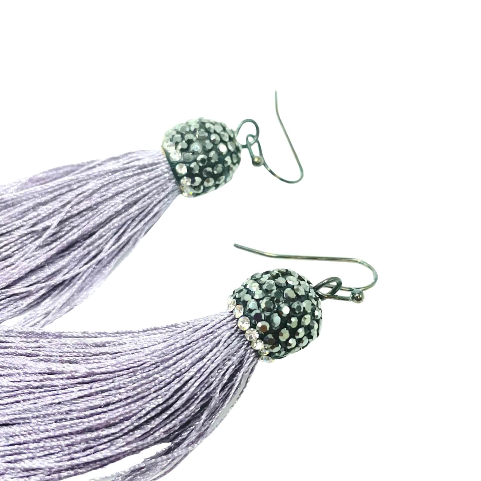closeup Amy Delson Grey Tassel Earrings
