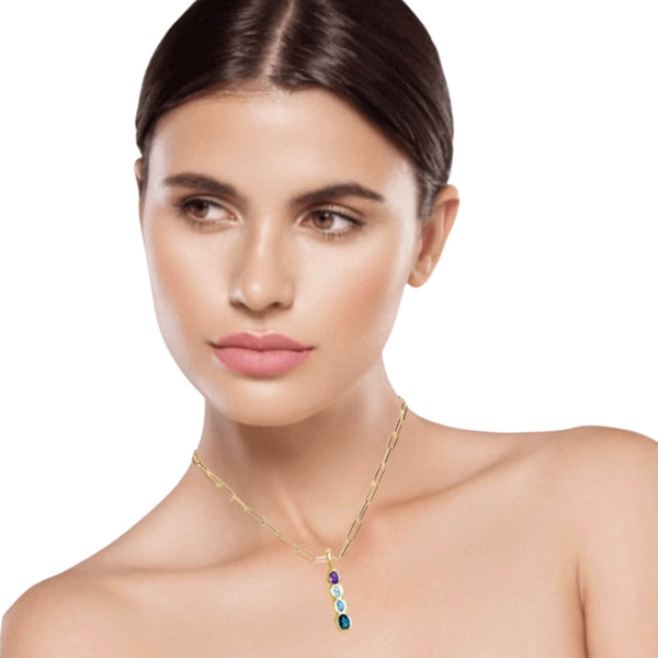 on model Amy Delson amethyst blue topaz necklace