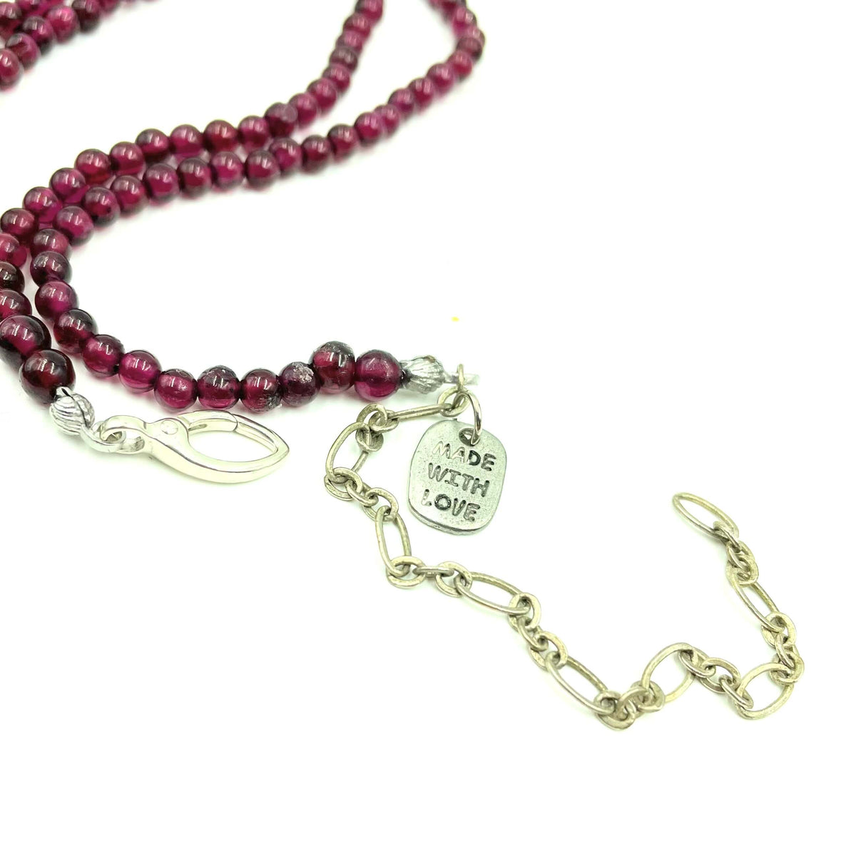 Adjustable back of Amy Delson garnet necklace Made with Love
