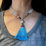 Amy Delson Blue Tassel Necklace worn as choker