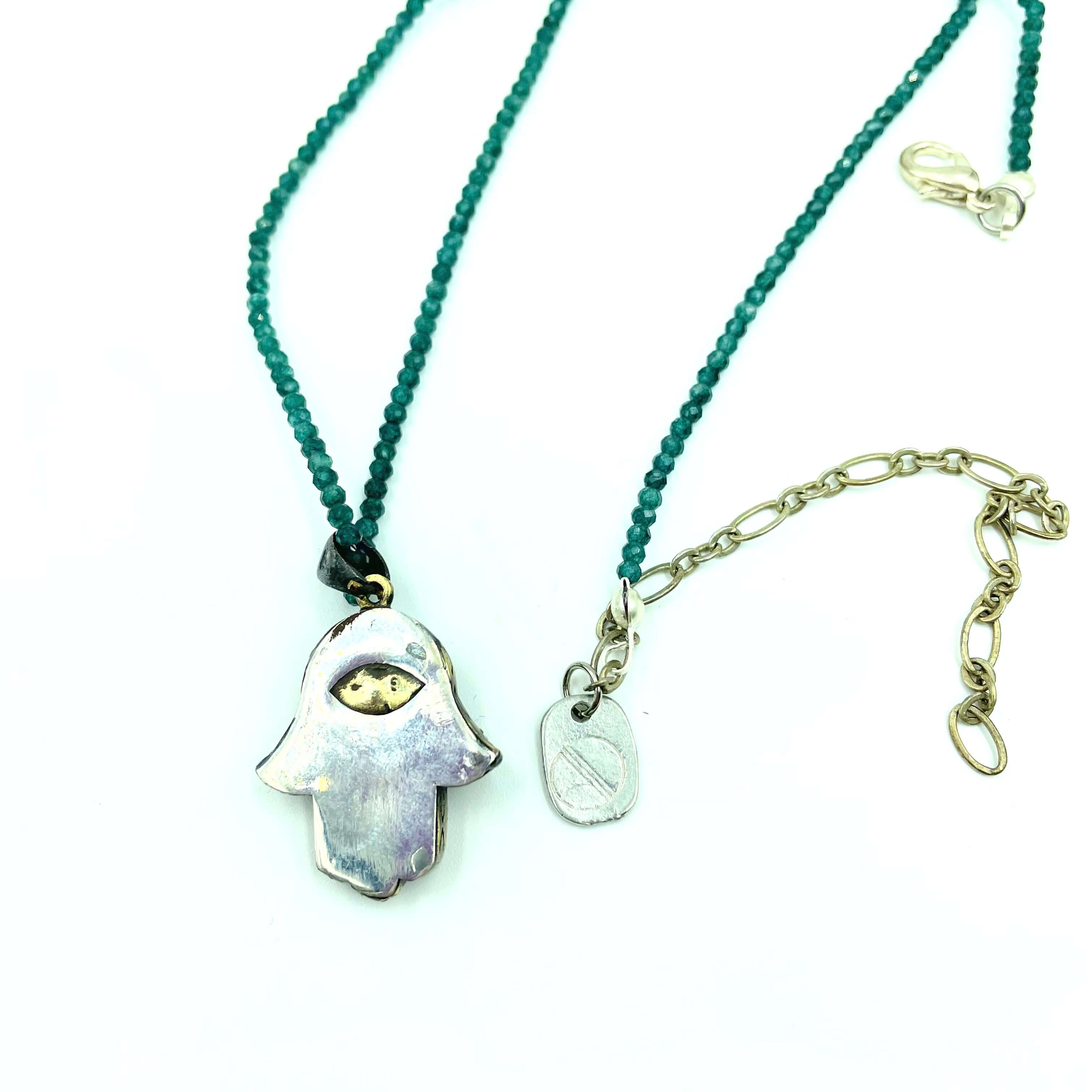 Back of Green Apatite necklace with hamsa by amy Delson