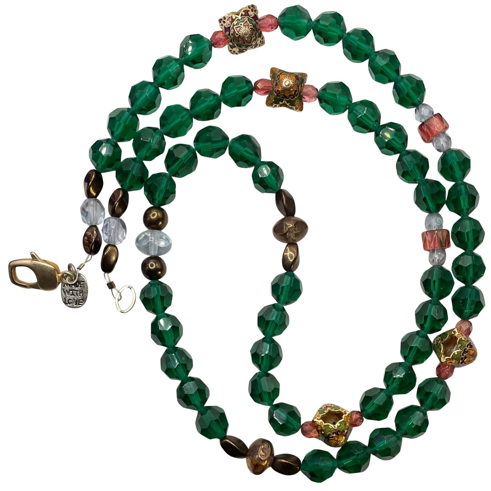 Green necklace with cloisonne stations
