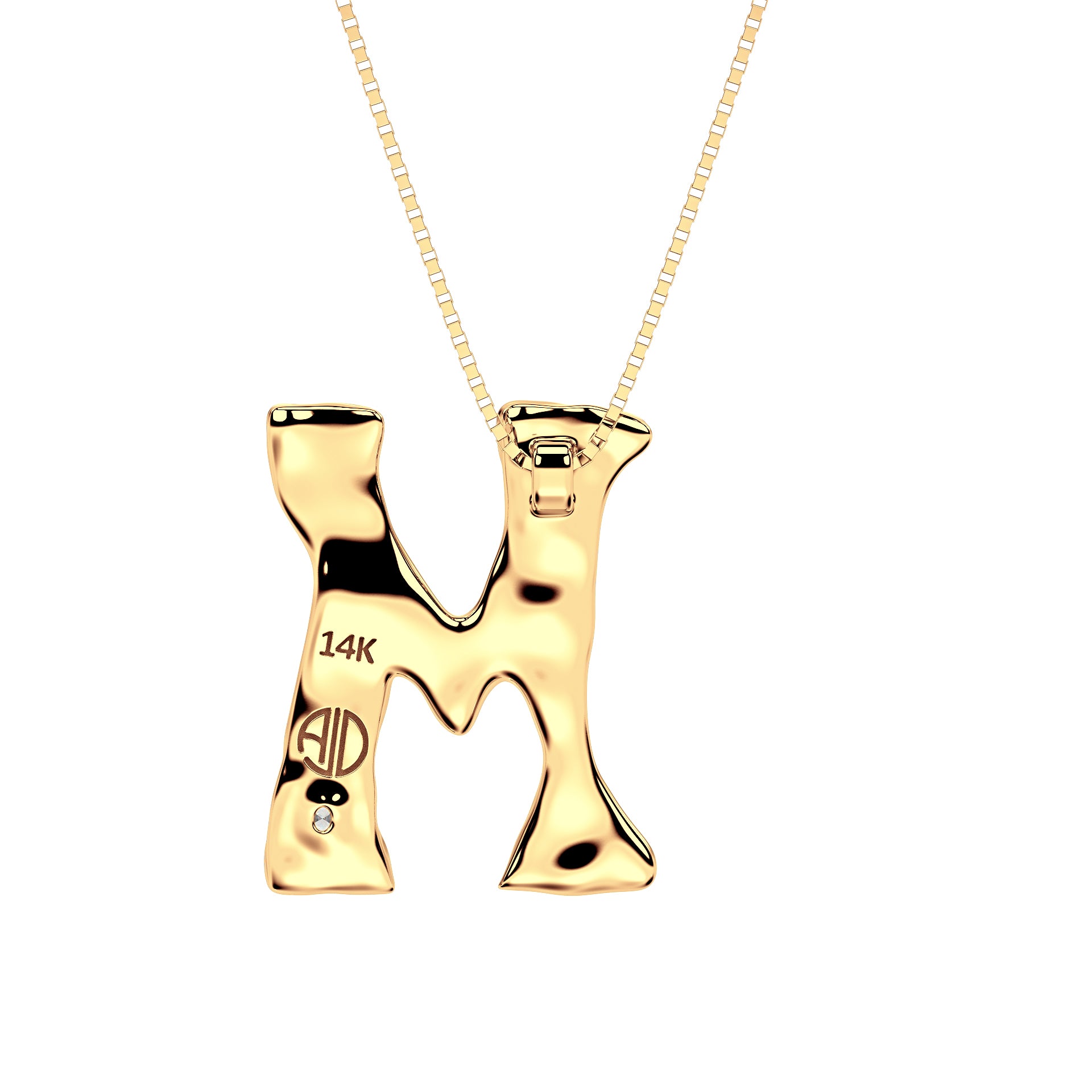 back view of 14k Gold with Lab Diamond Letter M Necklace by Amy Delson