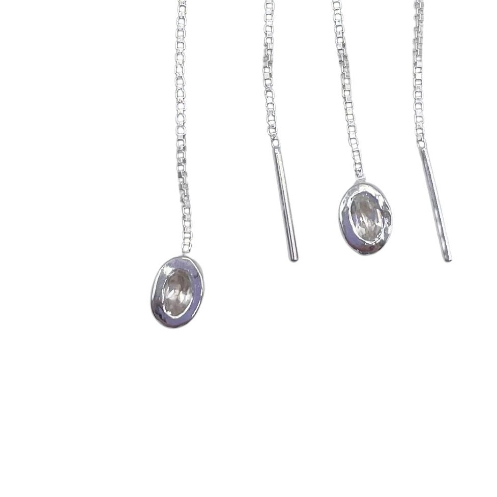 Closeup of white topaz sterling silver threader earrings by Amy Delson