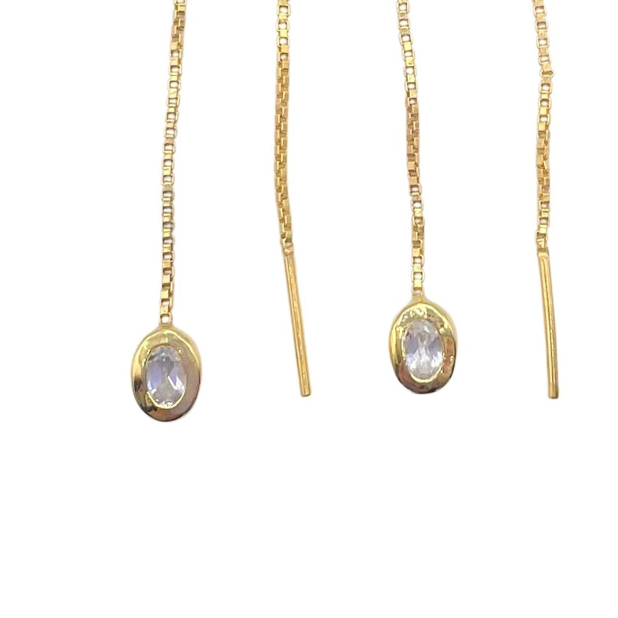 Closeup white topaz gold vermeil threaders by Amy Delson
