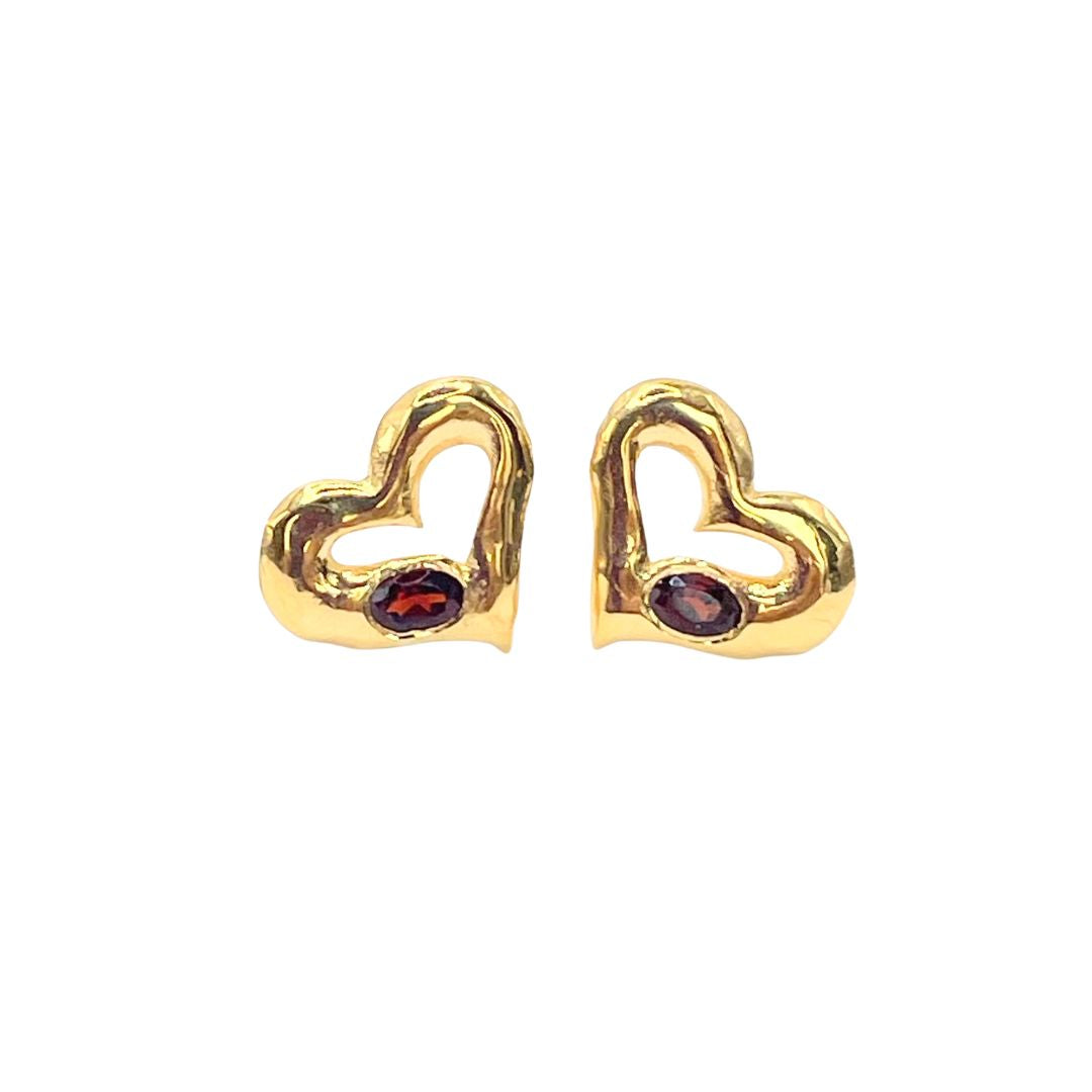 Gold garnet heart earrings by Amy Delson