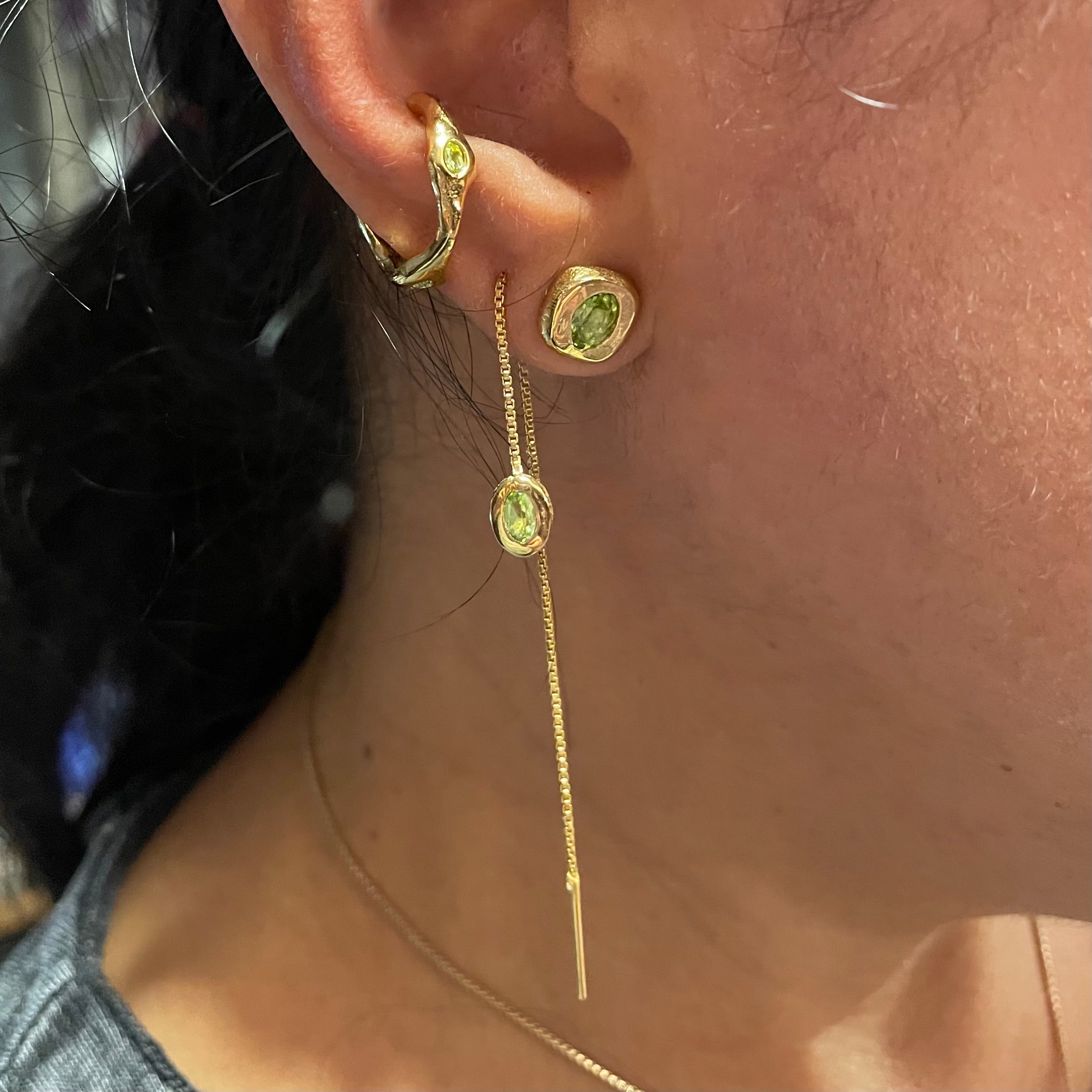 Amy Delson Ear Party with green peridot in gold featuring ear cuff, threader earring and stud
