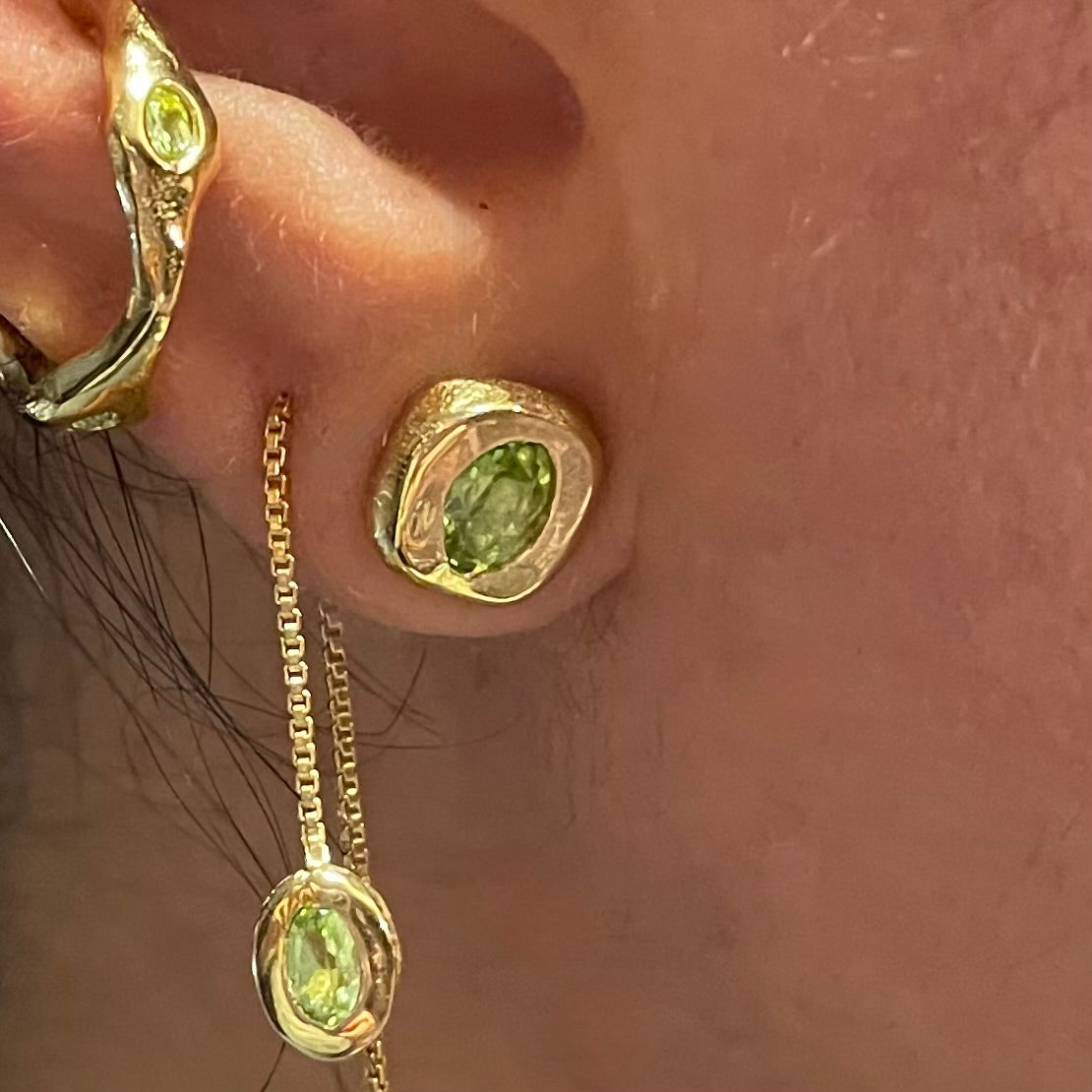 Amy Delson Green Peridot stud earring in gold with threader and ear cuff