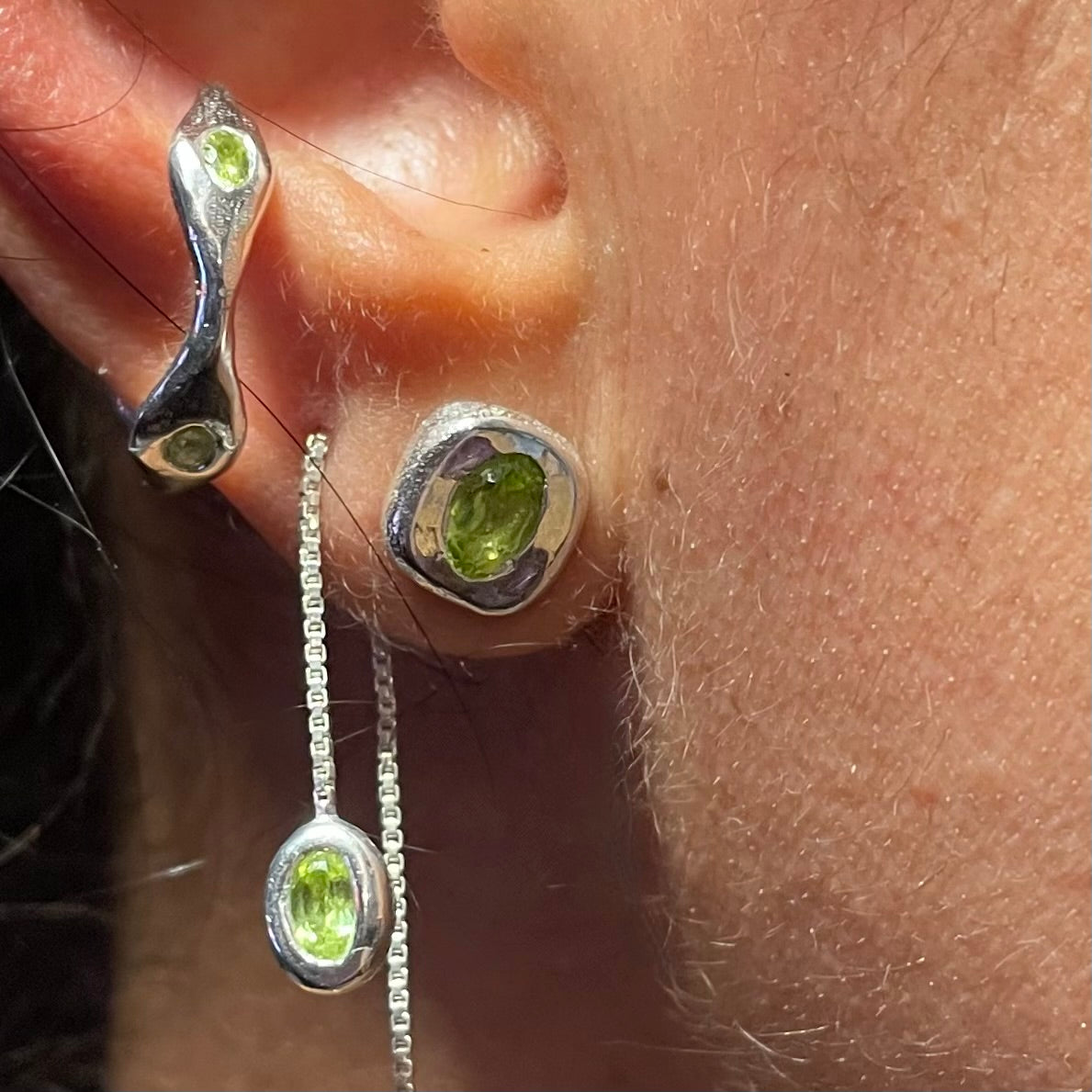 Amy Delson Peridot Silver stud earring with ear cuff and threader