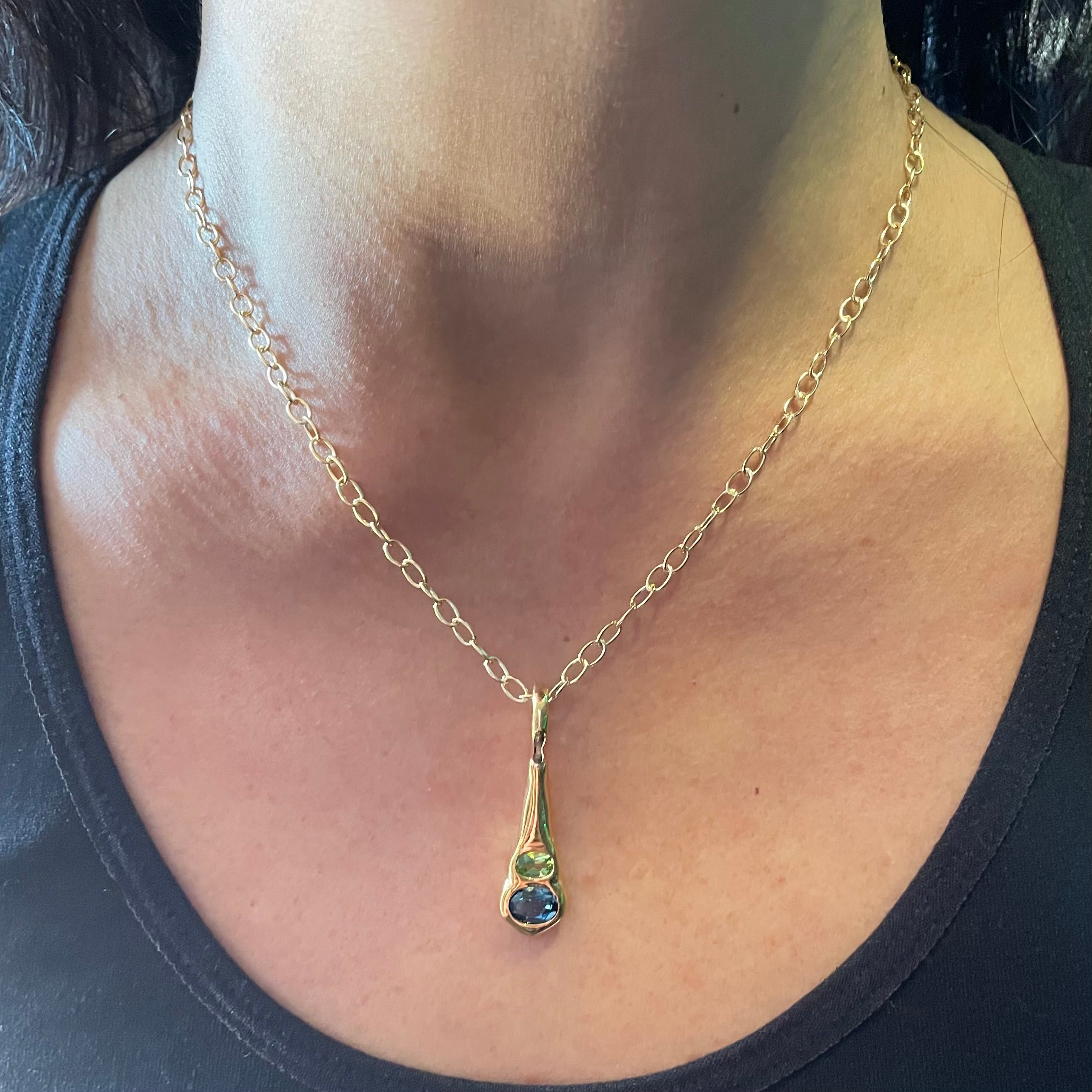 Olivia - Green Peridot, Blue Topaz Two Gemstone Pendant Necklace in Gold