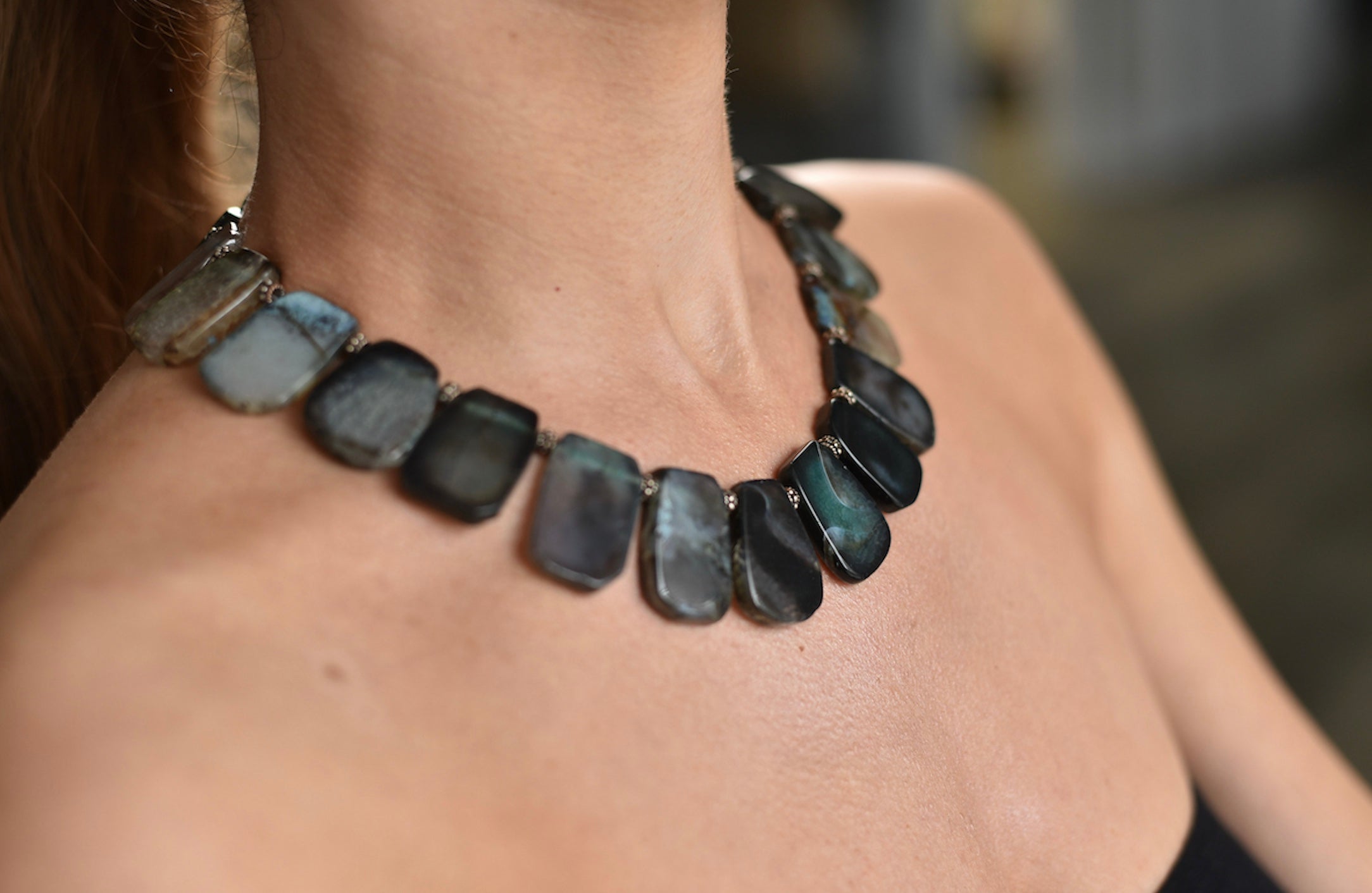 Model wearing blue agate tab necklace by Amy Delson