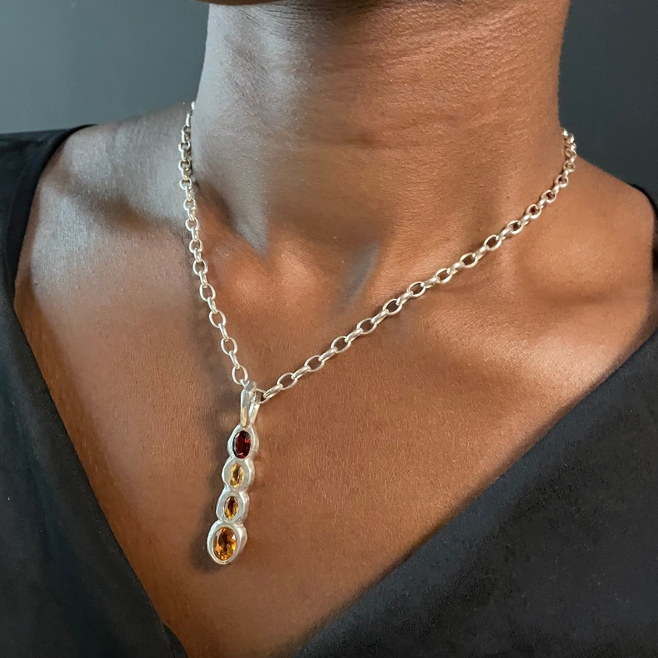 Amy Delson Necklace in Sterling silver with four gemstones including garnet and citrine