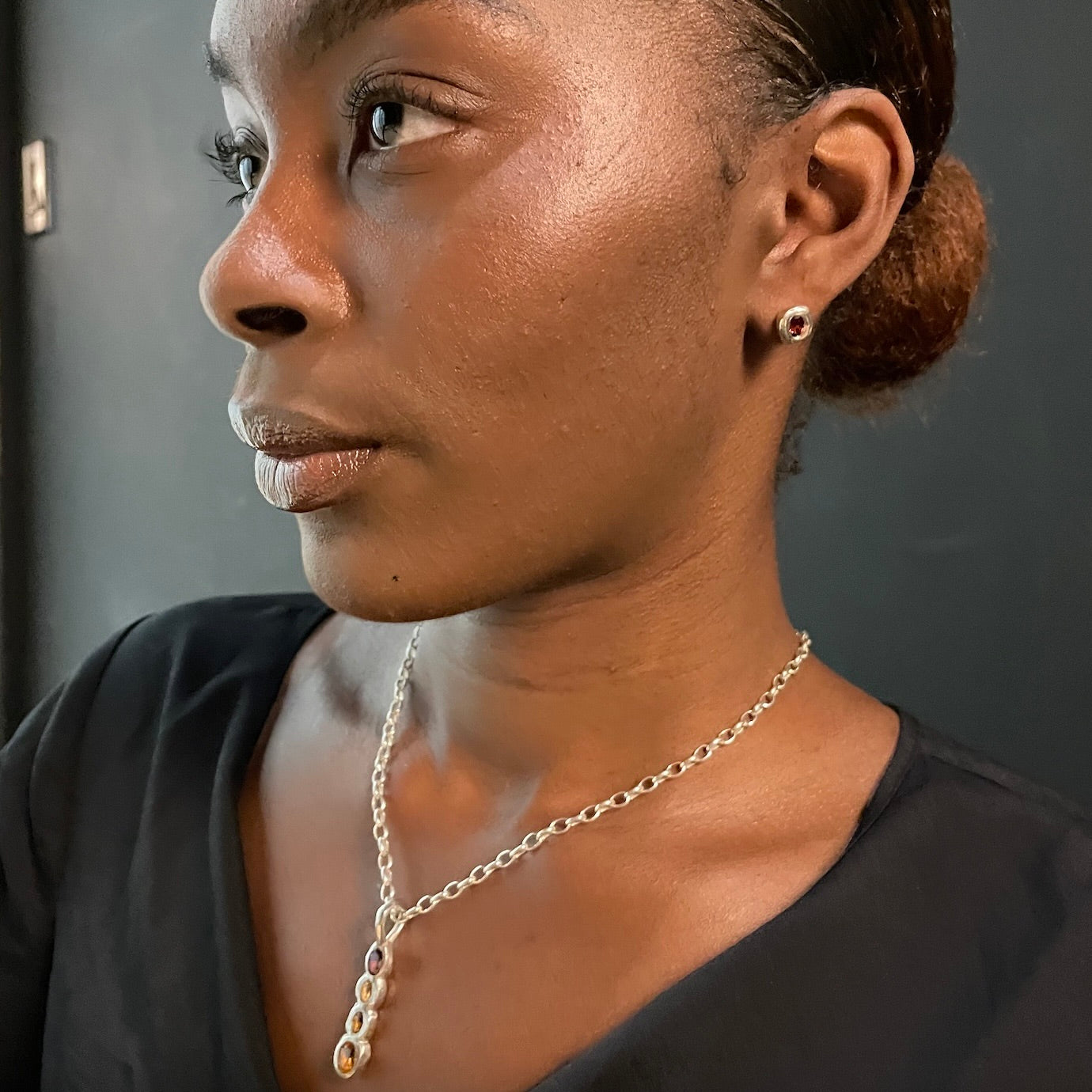 Amy Delson Necklace in Sterling silver with four gemstones including garnet and citrine